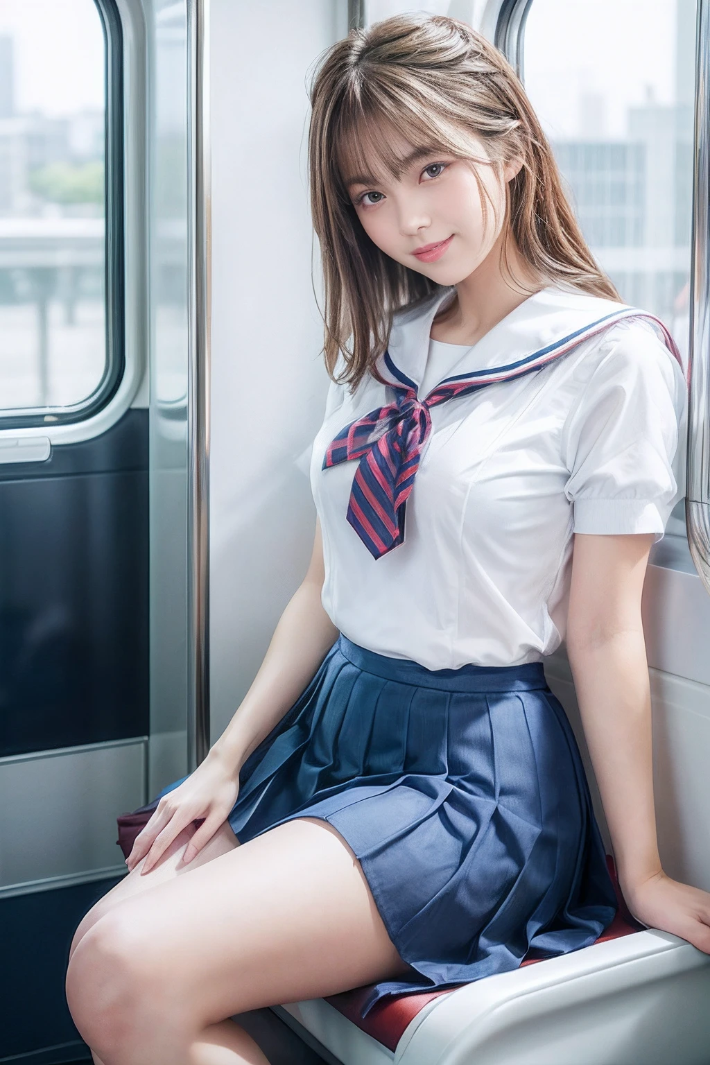 best quality, masterpiece, ultra high res, (photorealistic:1.4), RAW photo,cinematic lighting,(a japanese girl in a short skirt and bow tie sitting on a train:1.2),20 years old,big breasts,(detailed beautiful face:1.5),(real skin:1.5),slender,(thin legs:1.5),(big eyes:1.2),(smiling:1.3),(ponytail:1.5),cute schoolgirl, japanese girl school uniform, wearing japanese school uniform, japanese school uniform, a hyperrealistic schoolgirl, dressed as schoolgirl, hyperrealistic schoolgirl, wearing school uniform, realistic schoolgirl, girl wearing uniform, wearing a school uniform, of a schoolgirl posing, full body, nice skin, glowing skin, nice thighs,glowing thigh, glowing legs,