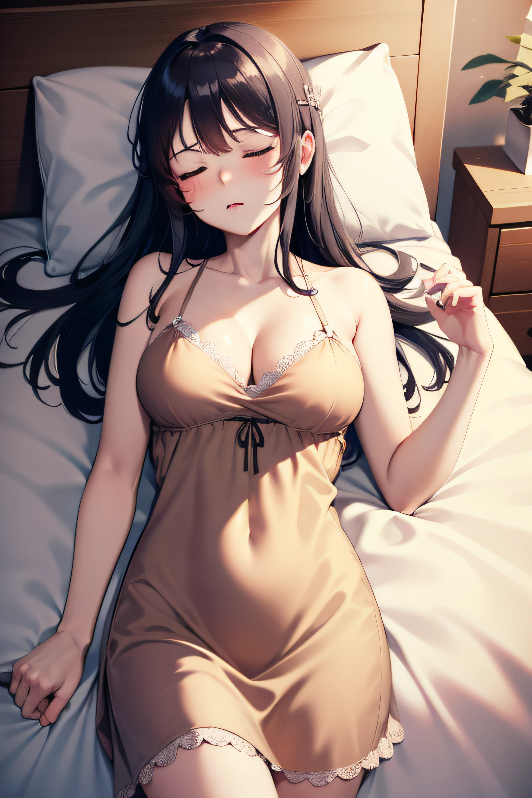 ((masterpiece, best quality, highres, UHD, perfect pixel)), Sakurajima mai, long hair, bangs, black hair, ((smooth texture:0.8, realistic texture:0.8)), ((medium breasts, cleavage)), indoor, bedroom, dynamic pose, busty, perfect body, ((fell asleep in bed, supine, closed eyes, closed mouth)), blushing, ((nightgown)), natural light