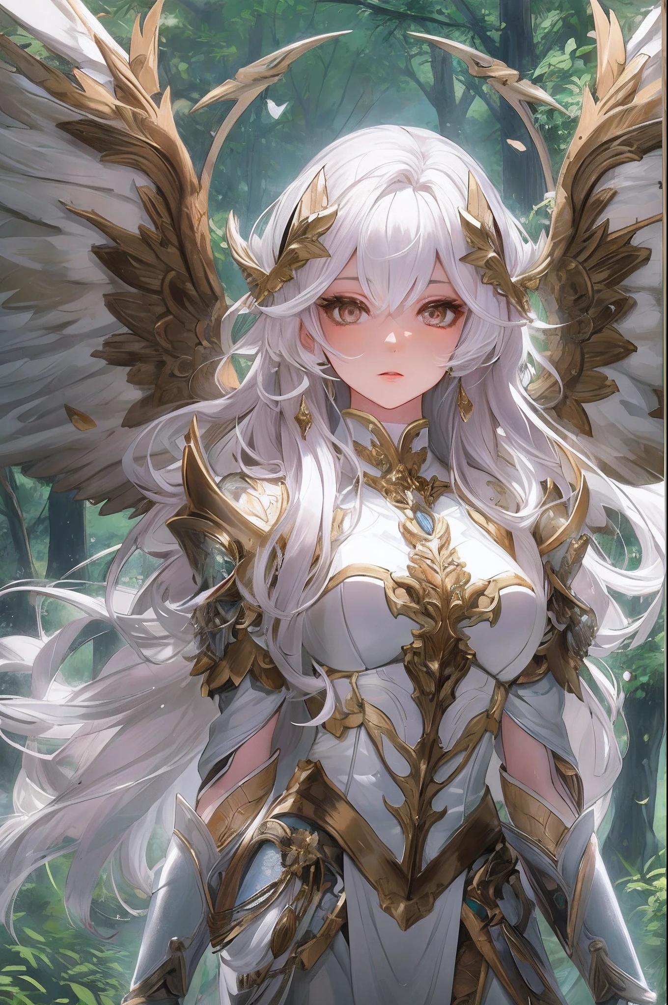 ((Masterpiece, Highest quality)), Detailed face, CharacterDesignSheet,full bodyesbian, Full of details, Multiple poses and expressions, Highly detailed, Depth, beuaty girl,platinum white hair、Beautiful angels covered with jewels、In the dark forest、The tree々rays of sunlight piercing through、Highly detailed bronze armor、greene eyes、Broken angel wings、lense flares、Shading by sunlight、8 class large、Use the backlight effect to add depth to the image、 perfect anatomia、
