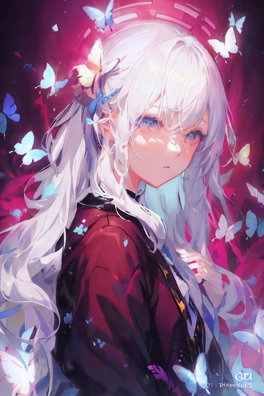 Anime girl with long gray hair and butterfly hair, a beautiful anime portrait, Detailed digital anime art, Guweiz in Pixiv ArtStation, Guviz-style artwork, Digital anime art, Guweiz on ArtStation Pixiv, style of anime4 K, Digital anime illustration, detailed portrait of an anime girl, Ross Tran style, novel cover