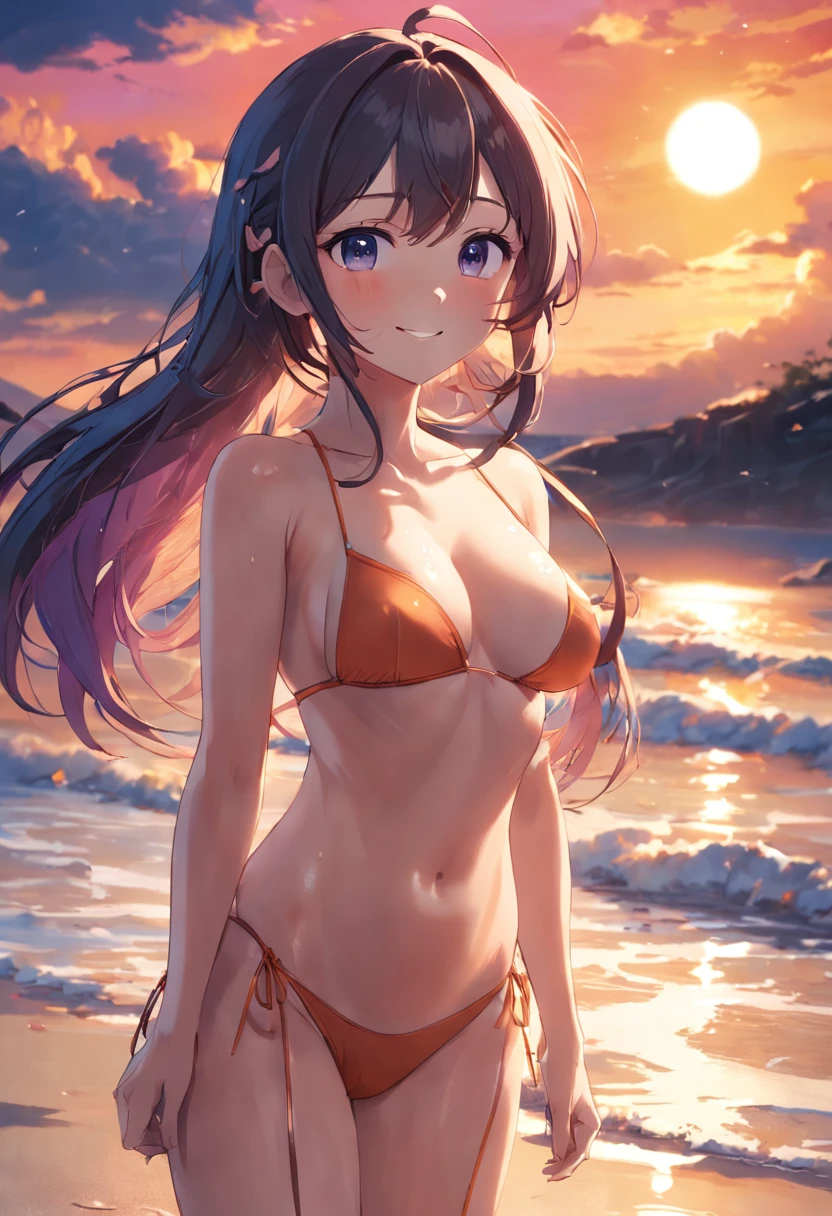 top-quality, masterpiece, 超A high resolution, Photorealsitic, 1girl, full bodyesbian、The bikini、Sunset、evening glow, a smile、Mare