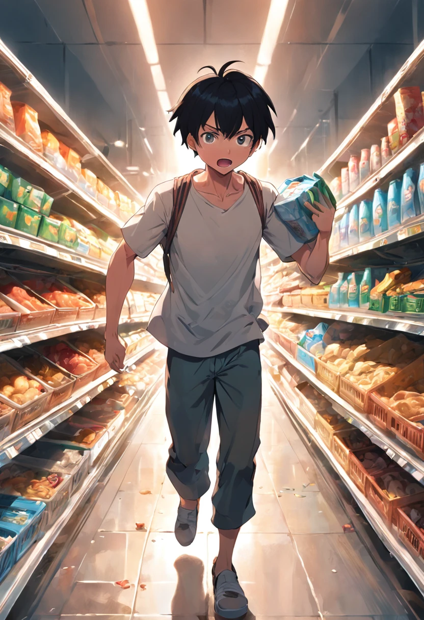 Screen description:The supermarket is crowded,The items on the shelves were swept away。A man in a white T-shirt holds a shopping basket,Run from shelf to shelf,Try to find more items。His eyes were firm,The face was full of anxiety and determination。People around are frantically snapping up goods,Some carry large bags of salt,Some had bottled water in their hands,Others frantically hoard foods like rice and flour。Men desperately fill their shopping baskets with noodles,But it turns out,The water has been snapped up。。He looked at the crazy crowd around him,Sighed helplessly,The idea of finding water can only be abandoned。