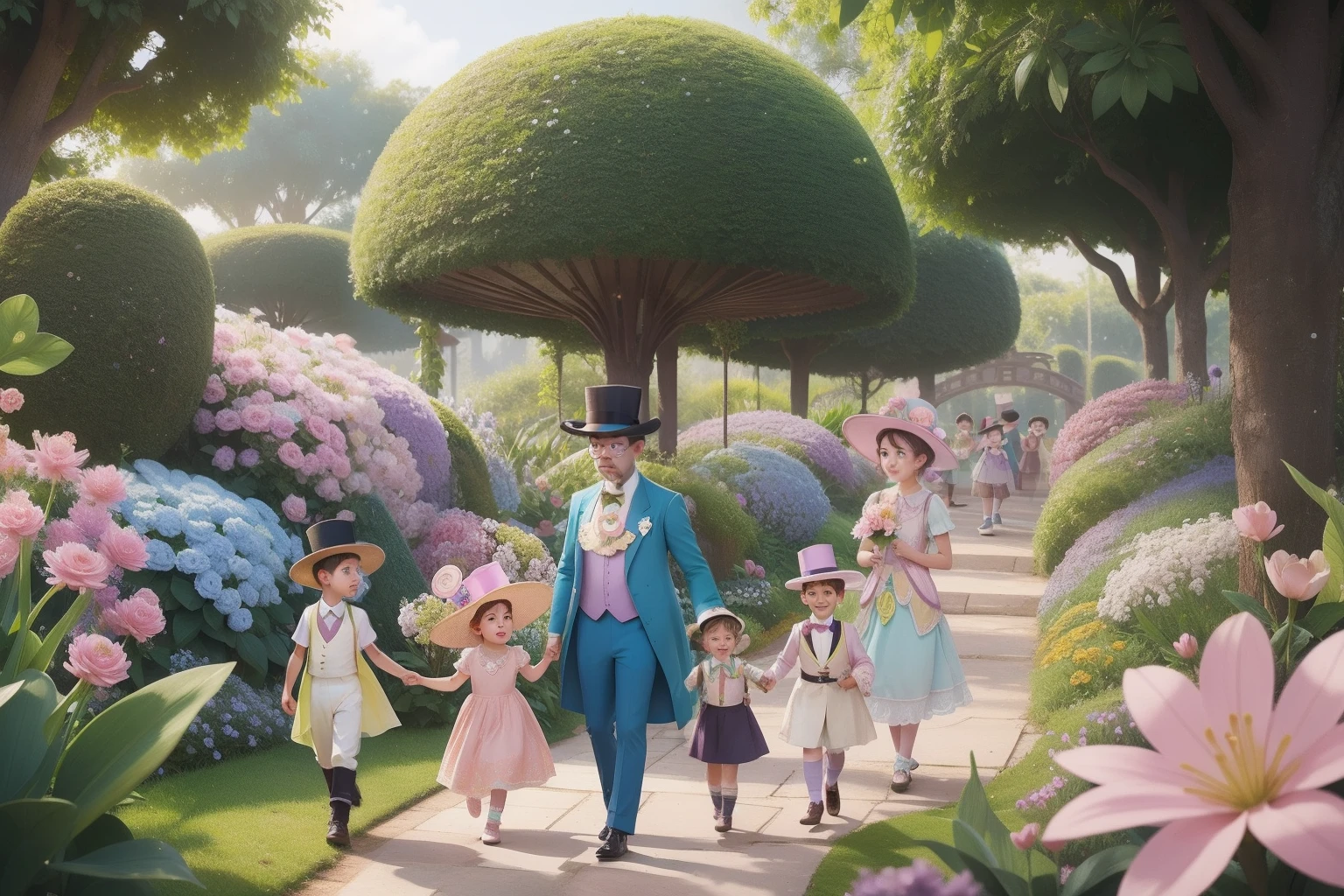 In a luminous, pastel-themed botanical garden, a character with a top hat and a monocle leads a group of children, each with a colorful hairstyle, on a magical journey through enchanted blooms.
