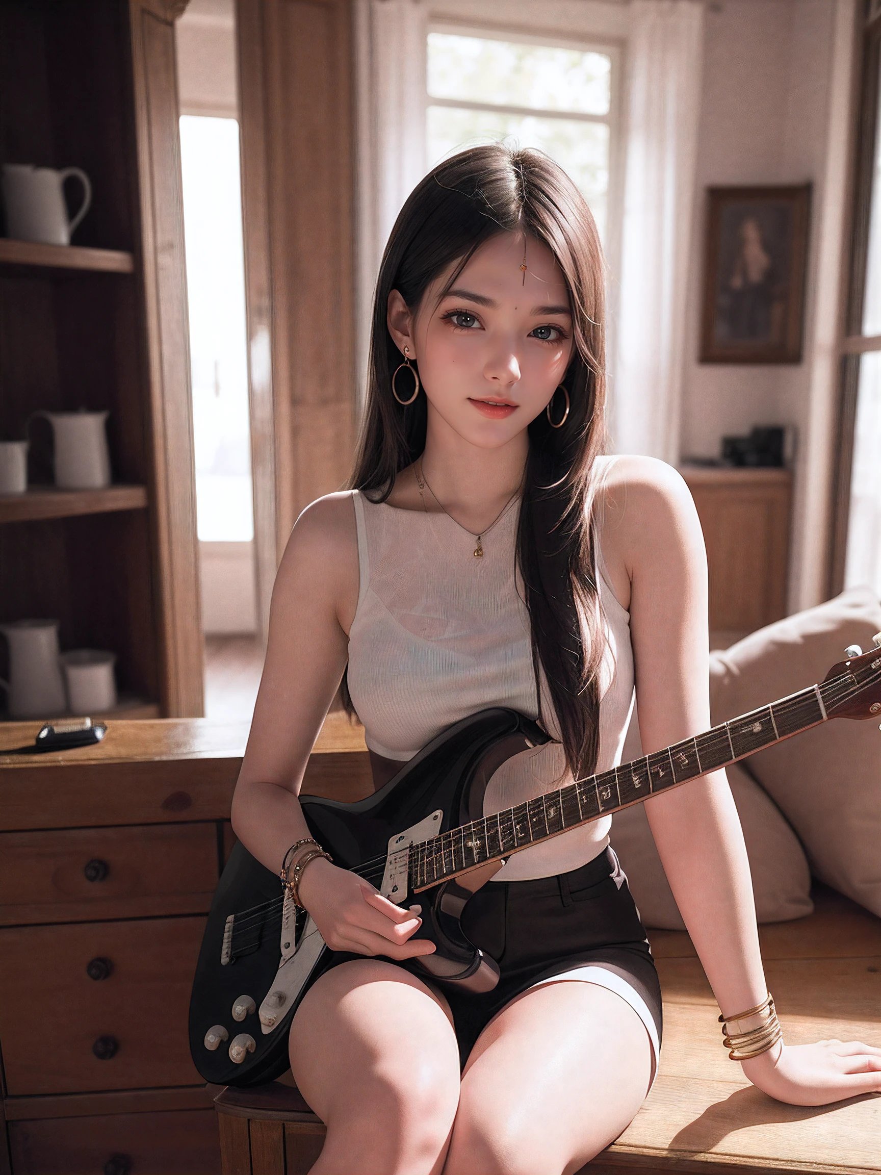 (8k, RAW photo, best quality, masterpiece:1.2),(realistic, photo-realistic:1.37),photo mapping,professional lighting,radiosity,1girl,solo,long_hair,(bracelet:1.1),(long legs:1.2),(earrings:1.1),physically-based rendering,proscenium,performance,be seated,unconventional guitar,