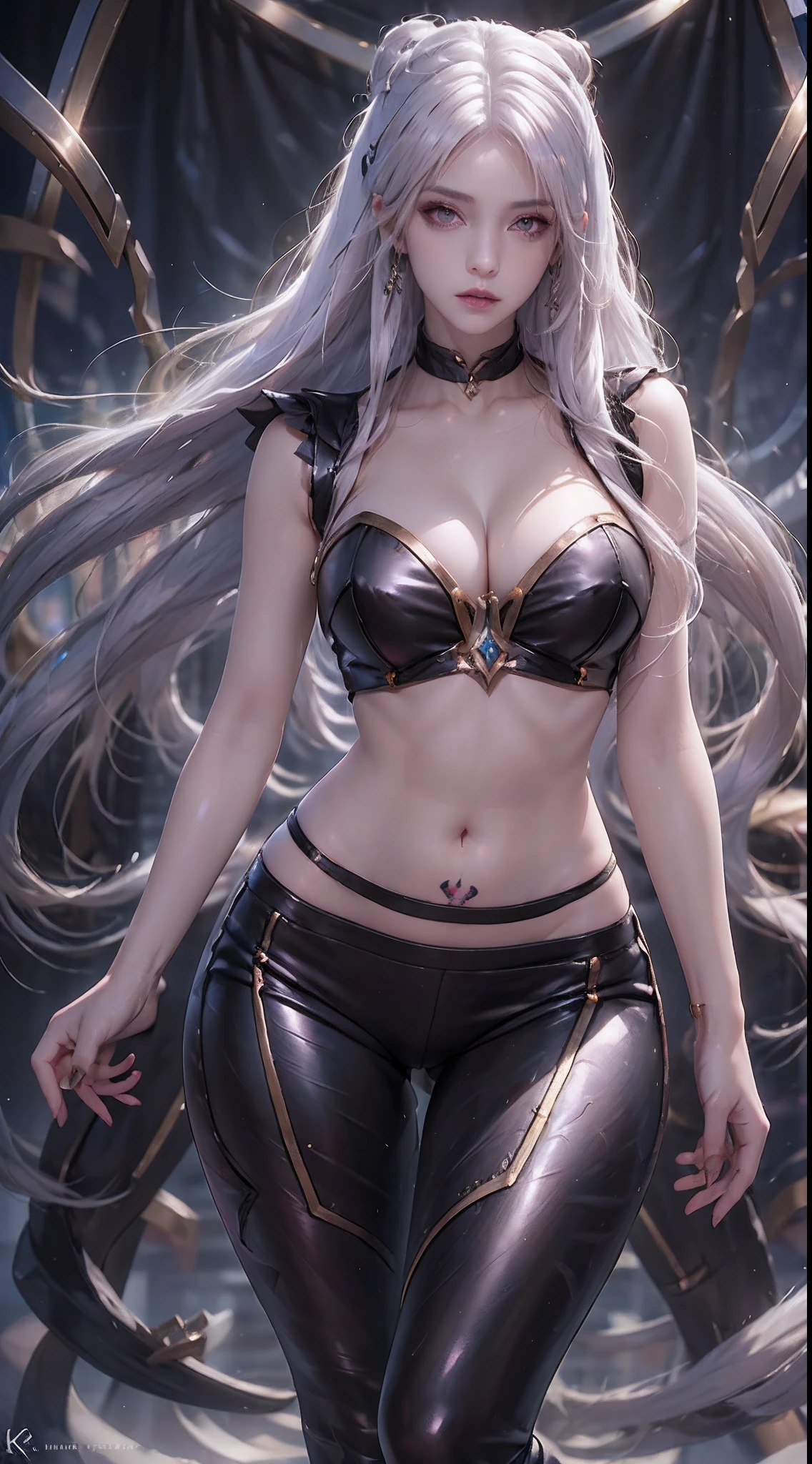 Photorealistic, high resolution, 1 woman, Hips up, Beautiful eyes, White hair, Long hair, tattoo, jewelry, ringed eyes, k/da_kai'sa