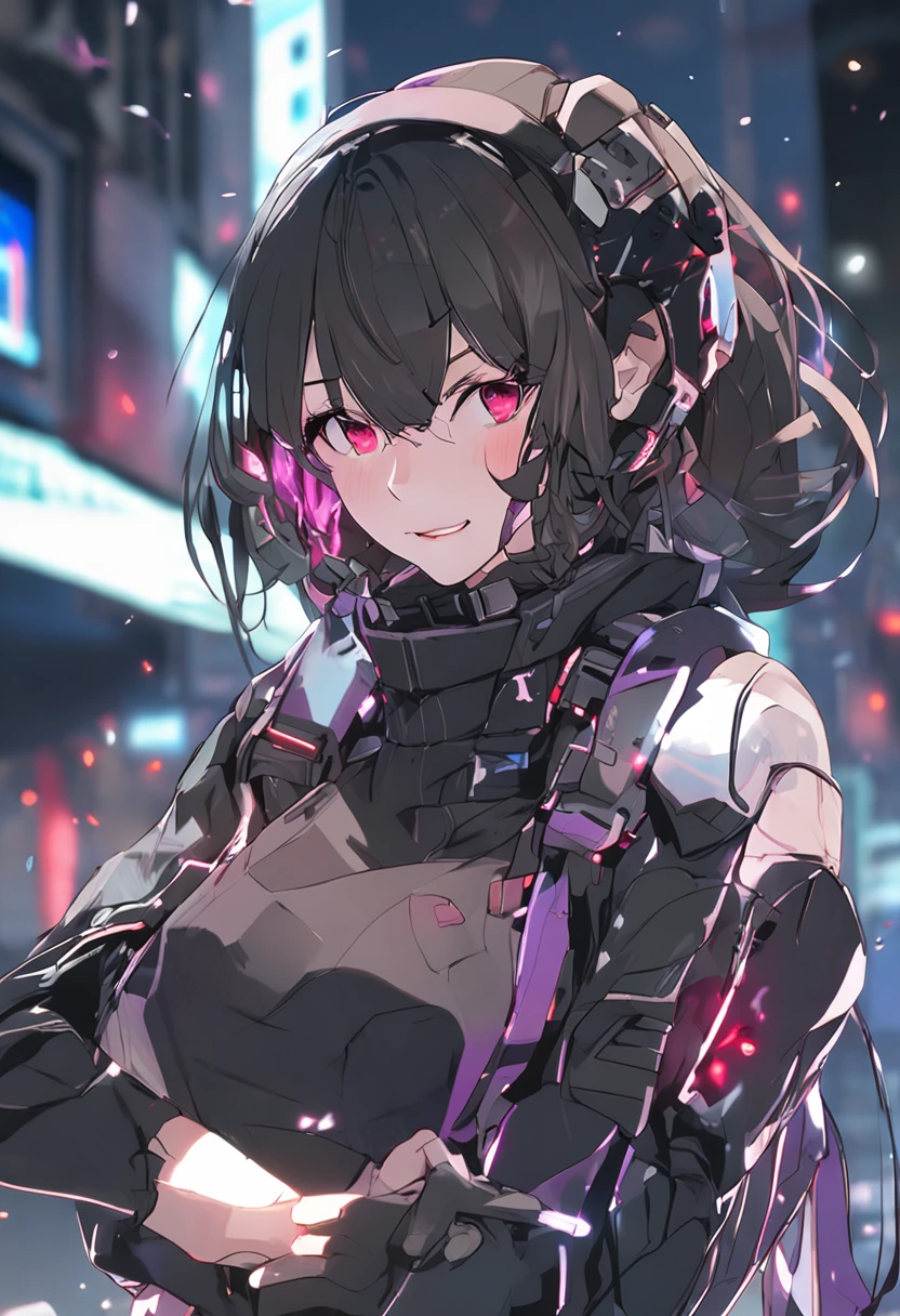 1female、(A handsome woman:1.4)、(A confident smile:1.2)、(25 age old)、(brunette color hair)、(Top image quality)、(8K picture quality)、(cyber punk perssonage)、(masutepiece)、(Wear a military uniform with a shiny cyberpunk hood)、(A confident smile:1.2)、(Full body photo)、(Excessively glowing flowers fly:1.5)、cinematric light, Cinema Shadow, Sharp images, Extremely detailed, volumetr, bright sprite, Particle effect, beautiful effects, Vivid colors, neonlight, (pink neon lights:1.5), Highly detailed image textures, detailed hairs, Detailed face, Detailed eyes, Full body photo, City、Dark hair、flashy red lights、Photo from the knee up、beautiful effects, Vivid colors, Highly detailed image textures, detailed hairs, Detailed eyes,(cyberpunk city landscape:1.5)、