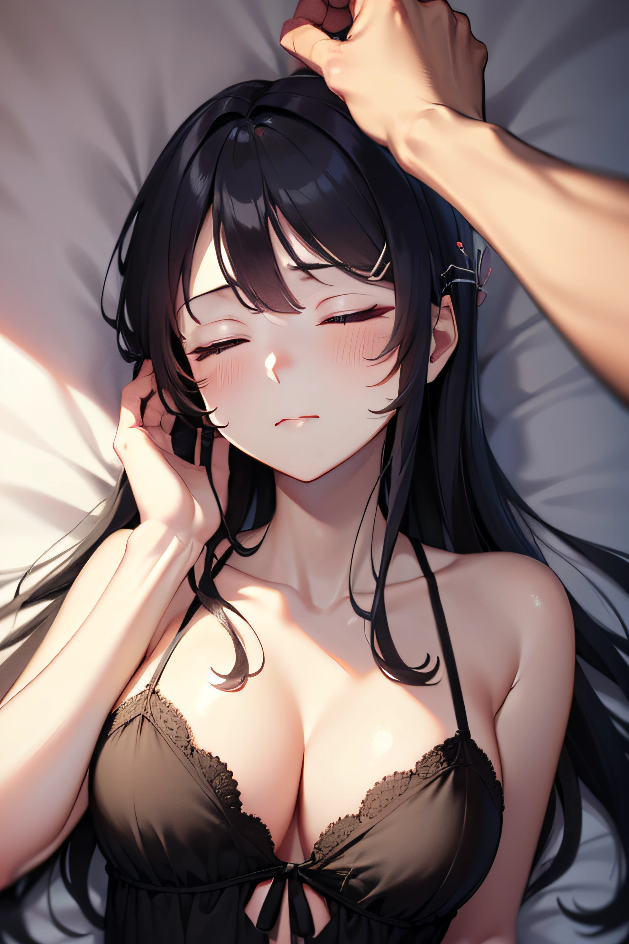 ((masterpiece, best quality, highres, UHD, perfect pixel)), Sakurajima mai, long hair, bangs, black hair, ((smooth texture:0.8, realistic texture:0.8)), ((medium breasts, cleavage)), bedroom, busty, perfect body, ((fall asleep in bed, supine, closed eyes, closed mouth)), blushing, ((black nightgown)), natural light