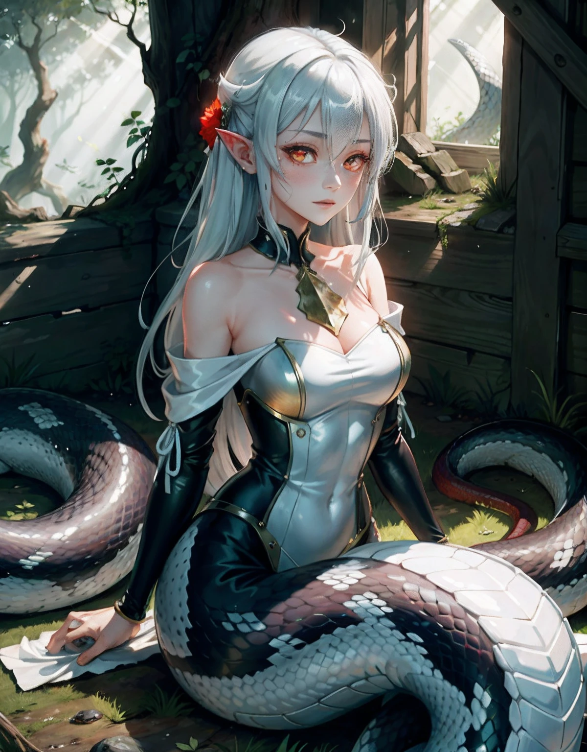 Detailed snakeskin， （AS-Adult）， Individual focus， （Lamia）， stoic， monstergirl， ， beautidful eyes， beatiful background， abandoned cottage， ln the forest， light particules， suns rays， dramatic  lighting， do lado de fora， grassy， leafs， Shiny （amarelo， Red Jewel， White gradient：1.5）， Realistis， tmasterpiece， best qualtiy， ultra - detailed， A detailed， scenecy， 美丽细致的眼睛， Detailed gray hair，beautiful red eye