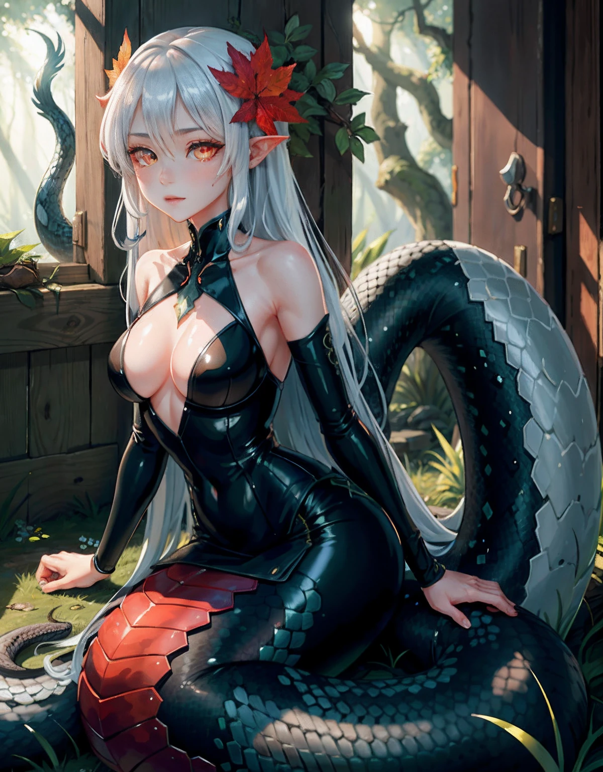 Detailed snakeskin, (AS-Adult), Individual focus, (Lamia), stoic, monstergirl, , beautidful eyes, beatiful background, abandoned cottage, ln the forest, light particules, suns rays, dramatic lighting, do lado de fora, grassy, leafs, Shiny (amarelo, Red Jewel, White gradient:1.5), Realistis, tmasterpiece, best qualtiy, ultra - detailed, A detailed, scenecy, 美丽细致的眼睛, Detailed gray hair,beautiful red eye