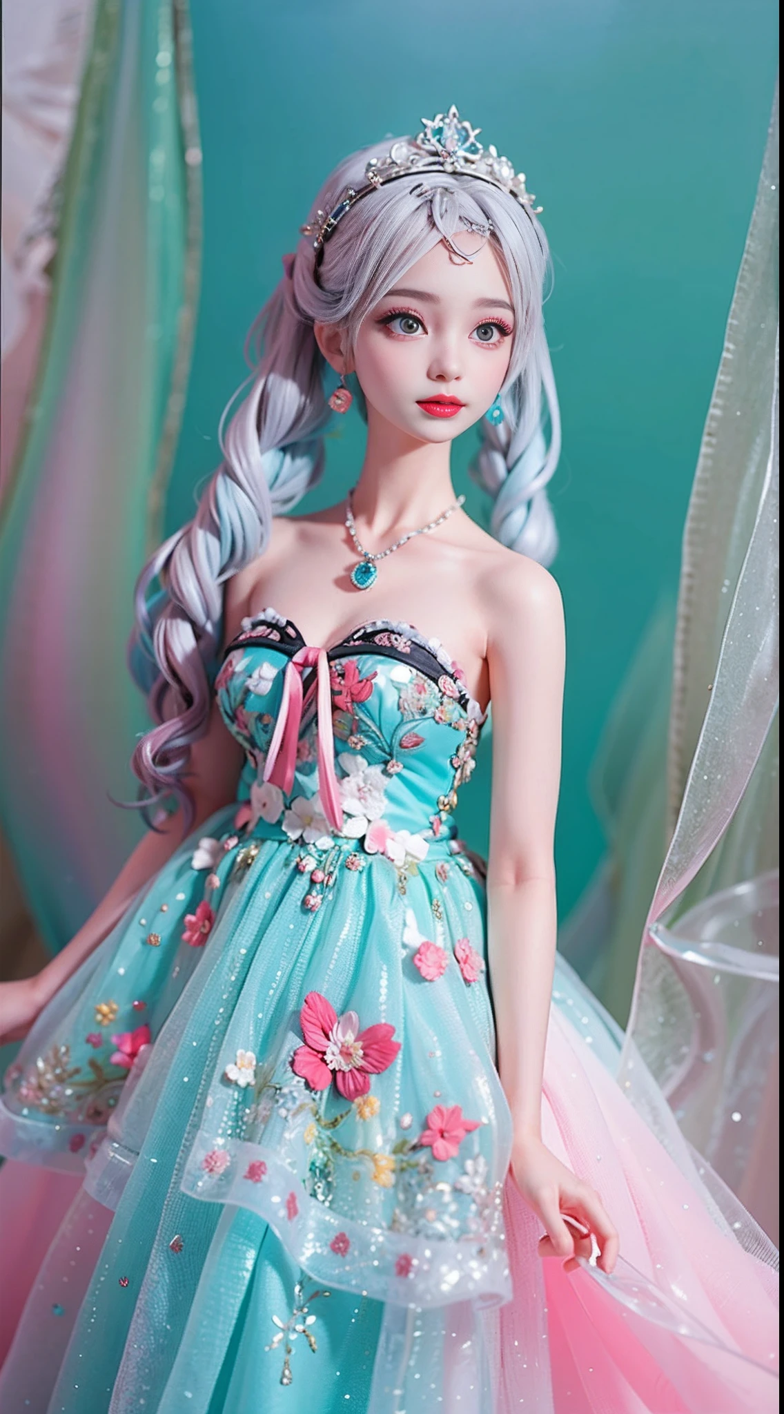 The best quality, Masterpiece, Highest resolution,, A -yeld gi Very beautiful, With bright eyes, White and tender skin, Light red lips, The contour is sharp, The chin is slightly raised, Jet black hair，hair adornments, 耳Nipple Ring, ，dressed in (cyan colors| white colors) Tulle show dress, Embroidered with a delicate cloud pattern, pink back ground，Sunlight, Ray traching，Comic Barbie style