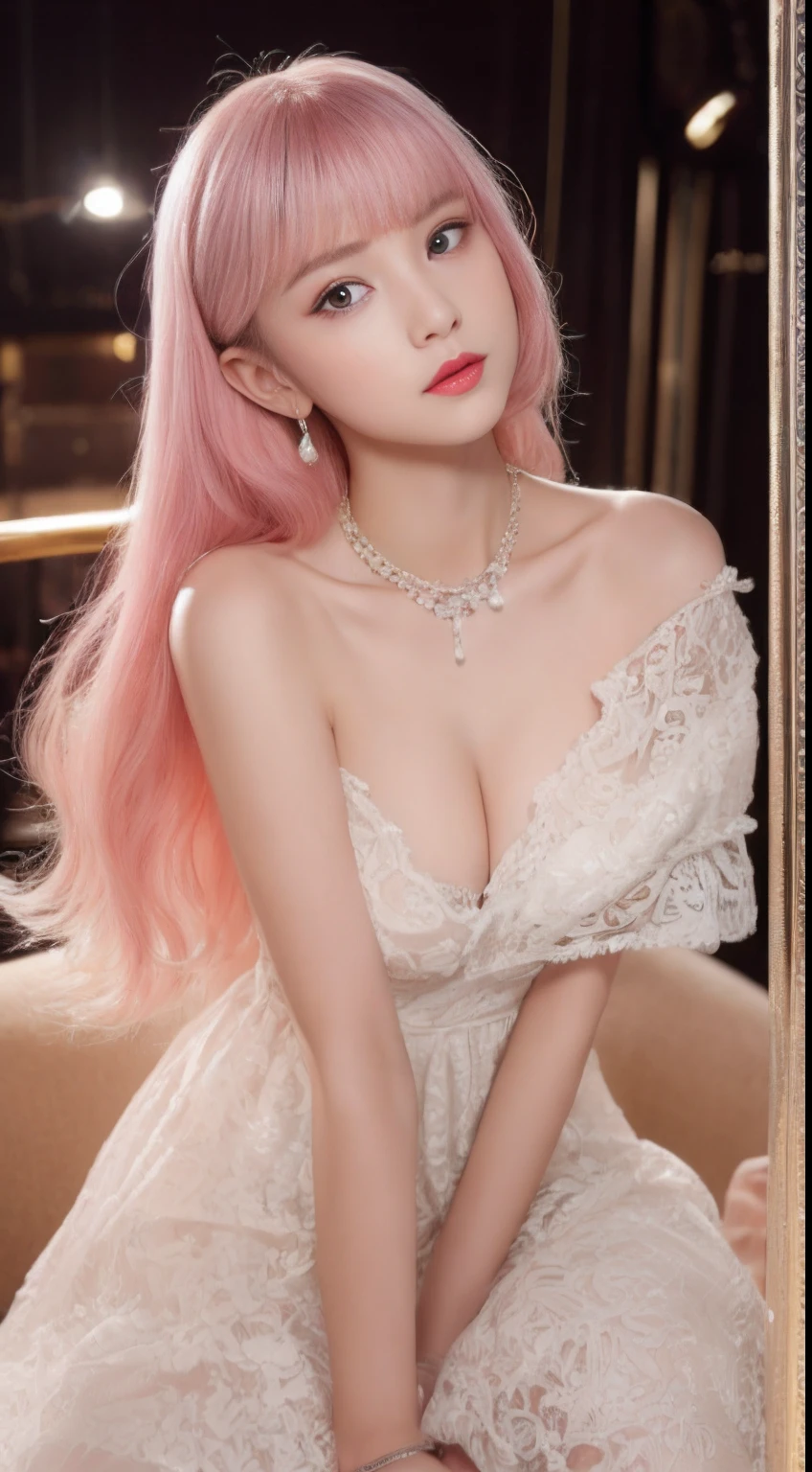 ((An ultra-high picture quality、top-quality、8k picture、masterpiece:1.3))、Crisp focus:1.2、Beautiful woman with perfect body shape:1.4、The most beautiful face、Super Slender、abdominals:1.2、((Pink hair、Very short cut、Beautiful and big breasts:1.2、tchibi、)Best pink hair、)、Perfect pink hair、Perfect short hair、a wet body:1.5、Very delicate skin texture、A detailed eye、二重まぶた、German、 student、German beauty at 15 yfect five-finger、Delicate and perfect hands、perfect arms、perfect leg、perfect foot、night city background、Inside a luxury cabaret、perfect eyes、Perfect makeup、red-lips、A slight smil、open the legs widely、Delicate hair、skinny body、Ganimata leg opening、Hands behind the body、bich、high quality make up、Gorgeous and elegant hair、Bewitching face、Best Makeup、The cutest beauty in the world、Best Hair Styling、Stylish hair and makeup、The cutest in the world、(Gorgeous and elegant finest Japanese pattern dress、)The finest Japanese pattern dresses、Luxurious dresses、Wear hair ornaments、Gorgeous Japanese pattern dress、Simple piercing、Glamorous atmosphere、Wear high-heeled shoes、Wear a luxurious necklace、Short stature、tchibi、Infant face、Wearing the most glittering luxury bracelet、Wearing a diamond anklet、Gentle face、Perfect young face、Innocence、Overall dark、Full Lolita Face、a baby face、Sexy Cst、Sexy face、Sexy little girl、Chic and classses、Everything is very beautiful、Lace luxury panties look perfect、Finest Long Dresses、Interior background of the cabaret、Luxury Pearl Necklace、Thin thin eyebrows、Young German 15 years old、Extremely skinny little woman、