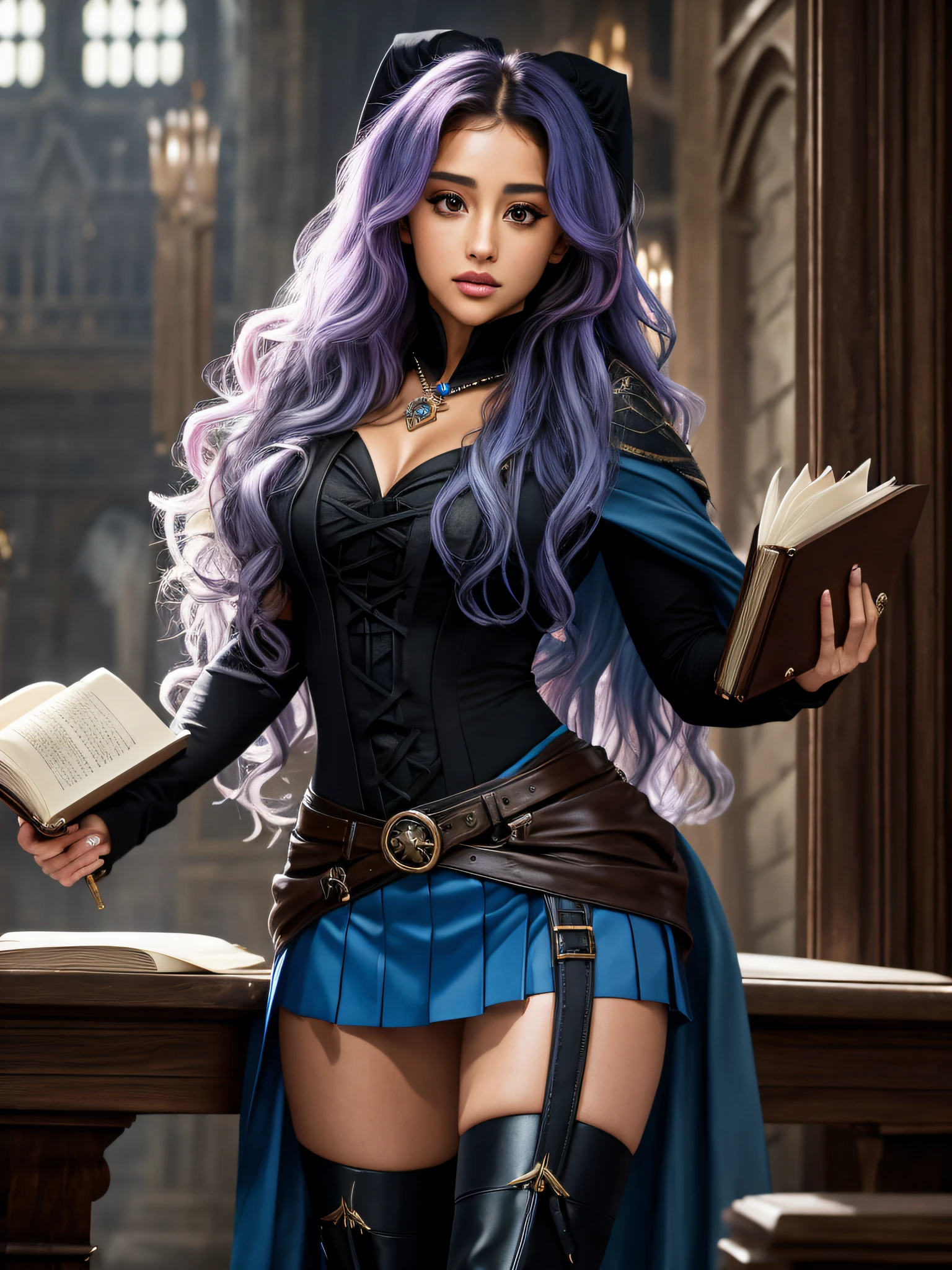 Ariana Grande, wavy hair, detailed alluring eyes, sexy legs, wearing blue mantle, mini skirt, gaiters, holding books, seductive, shapely, Hogwarts, best quality masterpiece, photorealistic, detailed, 8k, HDR, shallow depth of field, broad light, high contrast, backlighting, bloom, light sparkles, chromatic aberration, sharp focus, RAW color photo