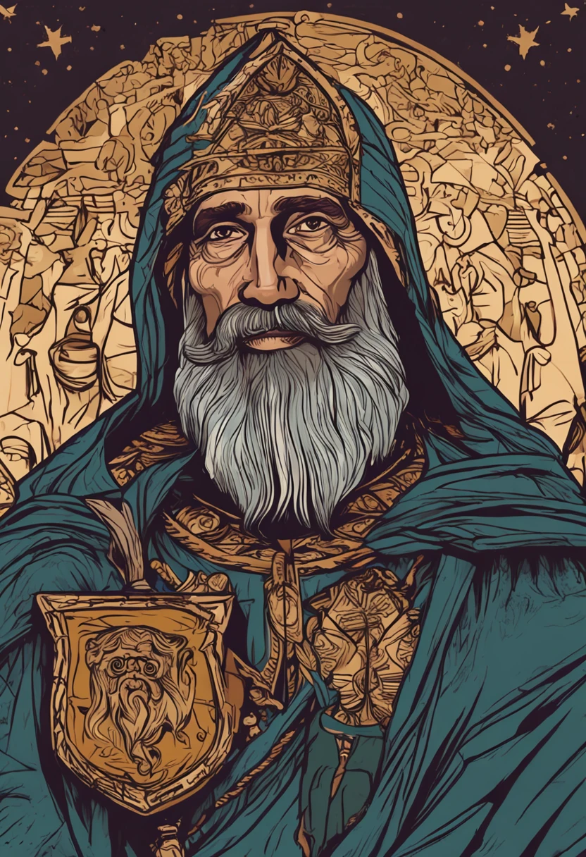um homem com barba e bengala 4k, Santo ortodoxo, christian saint rosace, christian saint, portrait of saint of the pit, inspired by Nicomachus of Thebes, padroeiro do ๐ธ๐๐ฉ๐พ, saint of the pit, Galileo, inspirado em Ed Benedict, inspirado no Mestre de Saint Giles, santo, 4k