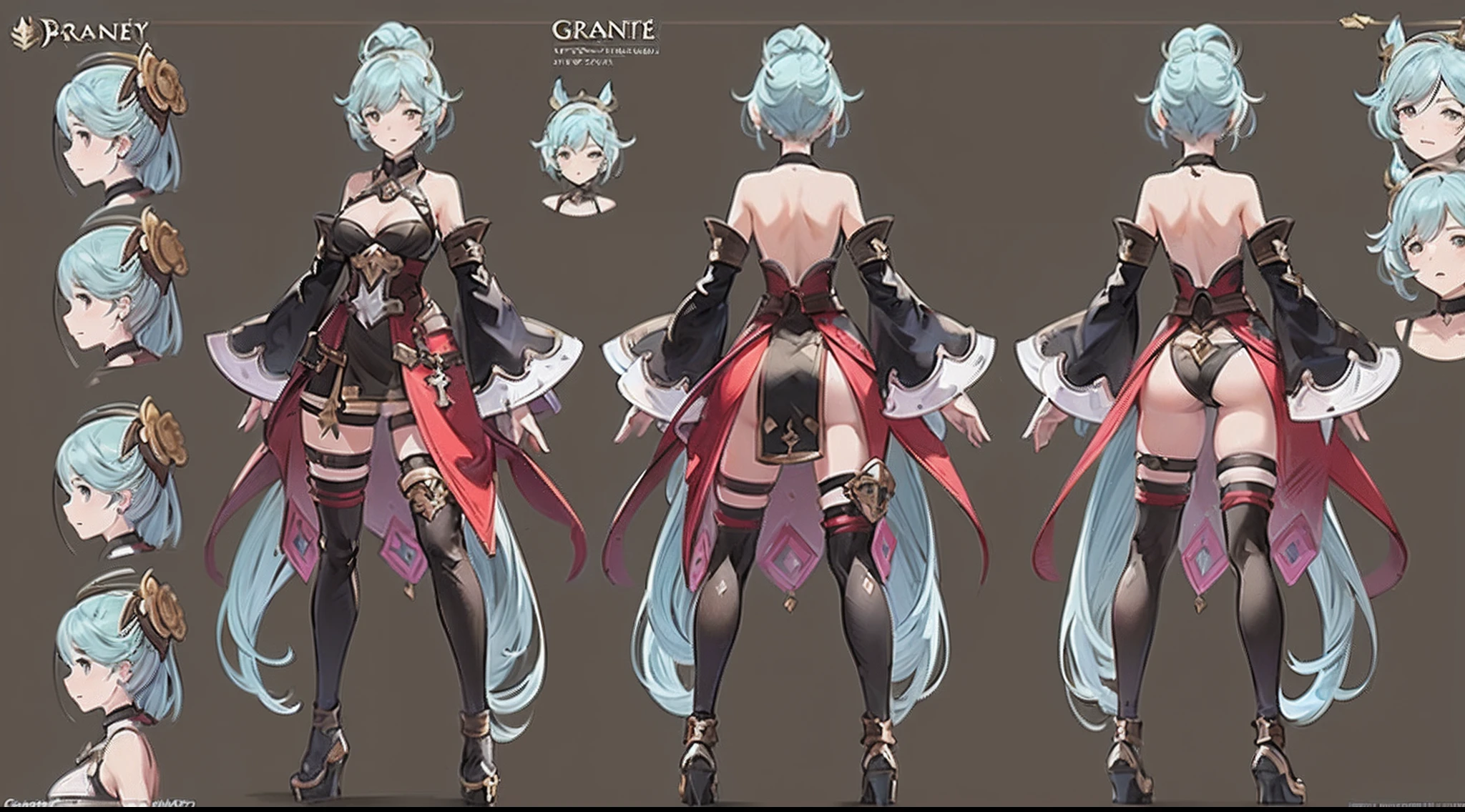 character reference sheet, 1 woman, 20 years old, ((granblue fantasy character)), wearing blade and soul and granada espada hybrid costume, complete full body, character design sheet, ((front view and back view only)) light colors themed costume design, symmetrical elements in costume, costume simulation detection like in CLO, marvelous designer, 8k resolution, ultra high definition image output