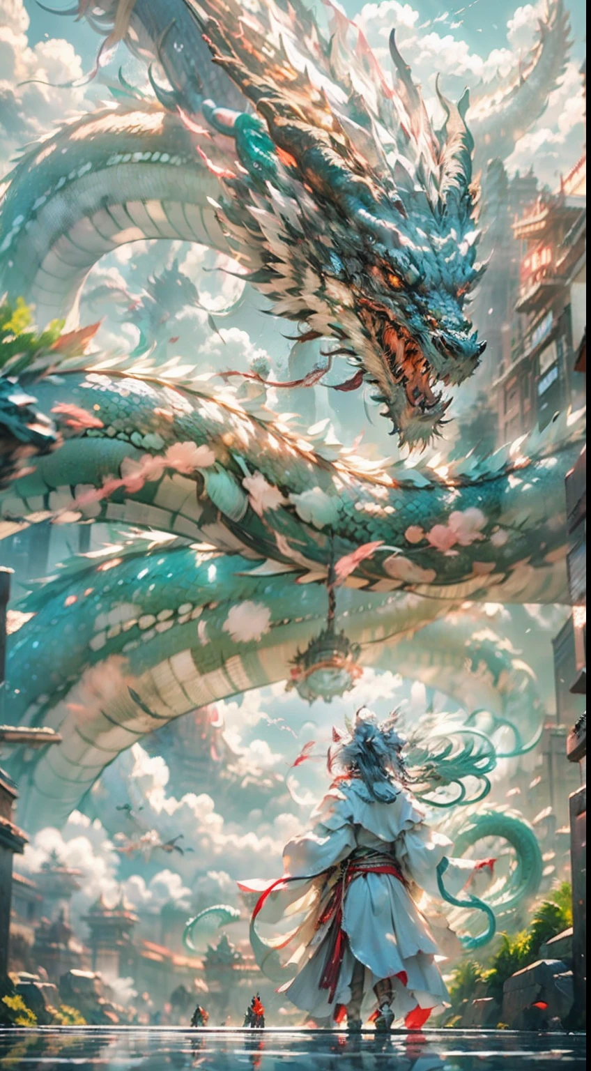 (Best Quality,ultra detailed),bright,ancient japanese dragon,dense forest landscape,majestic and serene nature,sun shining brightly in the night sky,yellow and white scales with golden stripes that glow in the sunlight,long curving antlers,lung dragon,10 legs along body(legs),lithe,very massive antlers on head,long snake body,white fur,lots of legs,long legs,long snout,lithe head,perfect anatomy