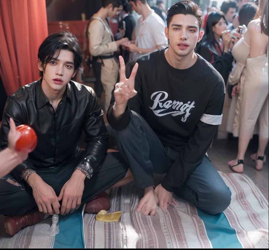 best quality, masterpiece, (photorealistic:1.4), 2boy , shirt with collars, waist up, dramatic lighting, from below , handsome, sixpack, charming, cute, white skin, naked,Not wearing underwear , male genitalia exposed, large long veined hard erect male genitalia, black hair, Blue eyes,Body covered with transparent viscous white fluid and sperm, oral sex, sucking male genitalia, blood magic ,Cloak made of blood, Naked, bare chest,Super tight mini panties ,