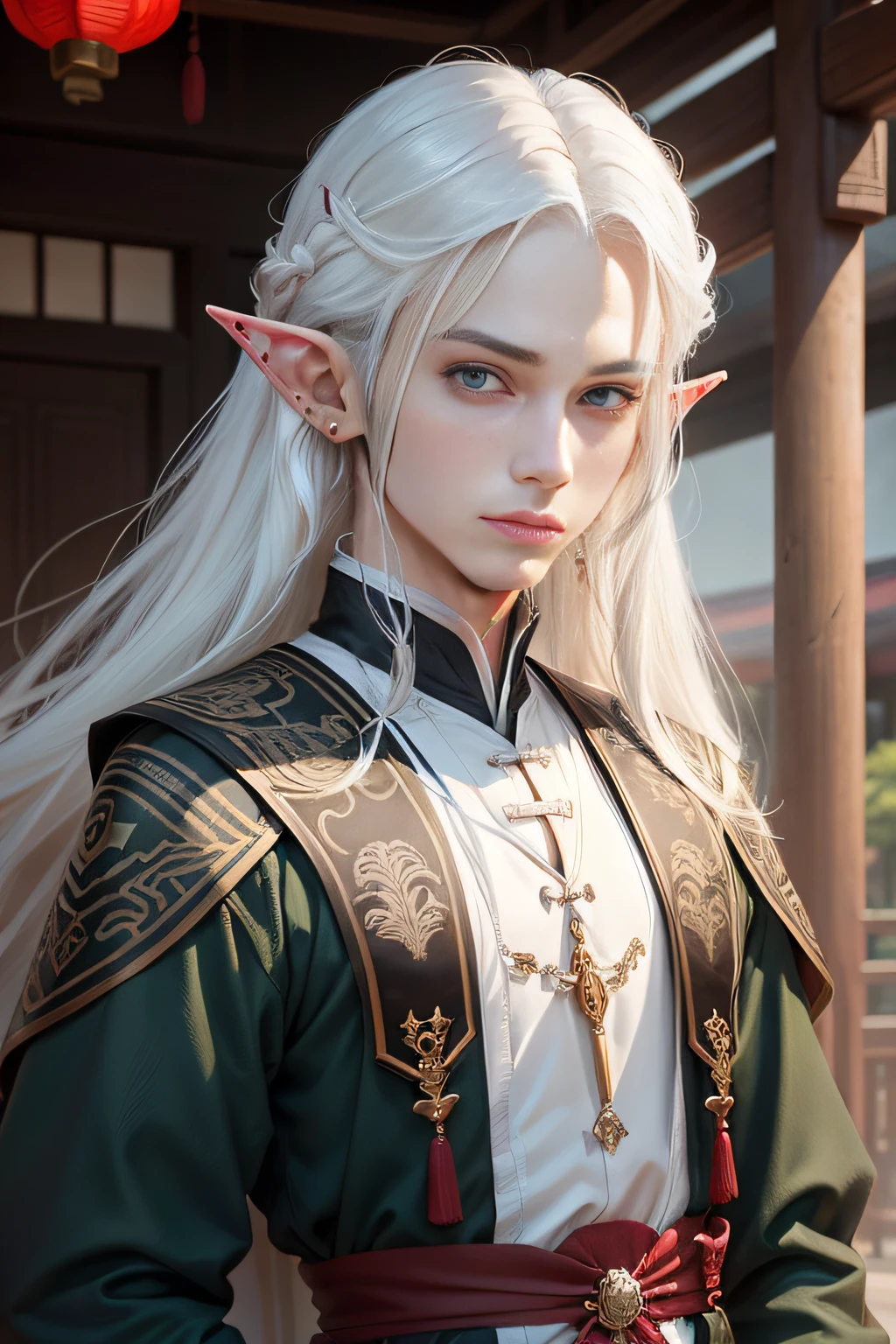There was a woman with long white hair and a black dress, Normal human ears,Portrait of a female elf, Delicate androgynous prince, Beautiful androgynous prince, elven character with smirk, portrait of a slender elven man, white-haired god, Beautiful male elf, white haired Cangcang, with long white hair, detailed character portrait,Beautiful male,Asia face,Ears of ordinary people,Ancient Chinese architectural background,Young men,Young men,Green eyes,Emerald earrings,A handsome boy,Normal human ears,Indisputable boys,Round ears,Chinese looks,Traditional Chinese men's clothing,Ears of ordinary people,Young woman,quadratic element,teen boy