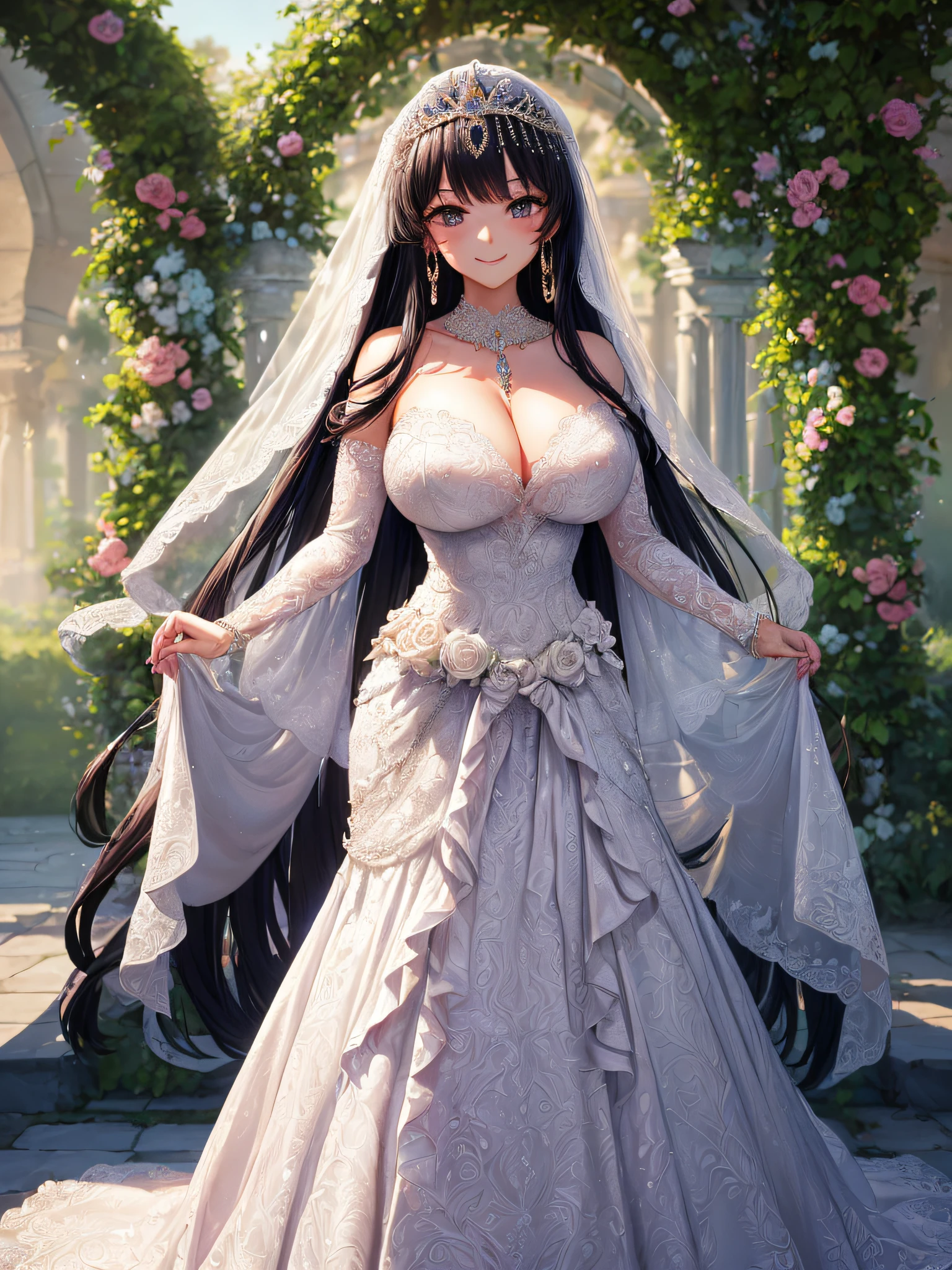 (masterpiece, best quality,extremely detailed,moe anime art style:1.2),1girl, (solo), cute, kawaii,digital art,((1 anime princess wearing beautiful embroidery and jeweled gorgeous wedding dress with voluminous full length hoop skirt)),crinoline,((voluminous frills)),gorgeous embroidery and beautiful lace,(very gigantic boobs,cleavage,skindentation),((shiny hair,absurdly voluminous straight hair,absurdly Long Hair)),(finely detailed face and eye),smile,extremely gorgeousfull jeweled tiara,((bling-bling gorgeous gemstone jewelry)),long wedding veil,((standing in beautiful garden)),flowers,flower petals flowing,((beautiful embroidery and jeweled gorgeous wedding dress with voluminous full length hoop skirt))