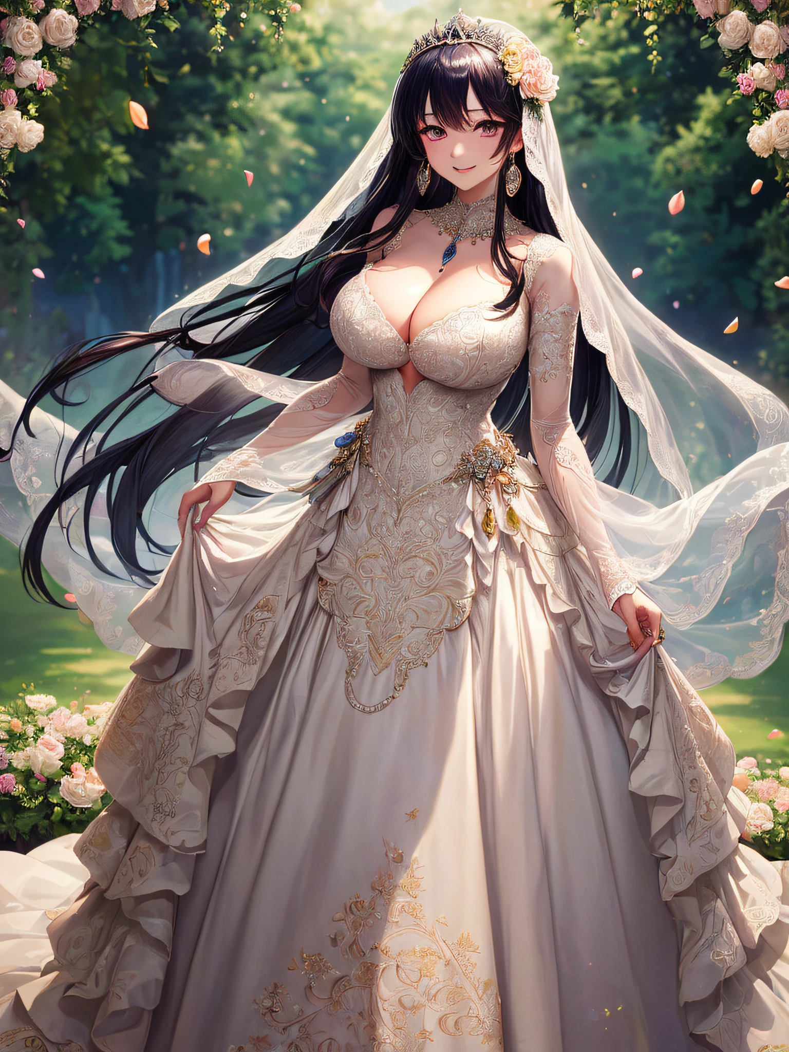 (masterpiece, best quality,extremely detailed,moe anime art style:1.2),1girl, (solo), cute, kawaii,digital art,((1 anime princess wearing beautiful embroidery and jeweled gorgeous wedding dress with voluminous full length hoop skirt)),crinoline,((voluminous frills)),gorgeous embroidery and beautiful lace,(very gigantic boobs,cleavage,skindentation),((shiny hair,absurdly voluminous straight hair,absurdly Long Hair)),(finely detailed face and eye),smile,extremely gorgeousfull jeweled tiara,((bling-bling gorgeous gemstone jewelry)),long wedding veil,((standing in beautiful garden)),flowers,flower petals flowing,((beautiful embroidery and jeweled gorgeous wedding dress with voluminous full length hoop skirt))