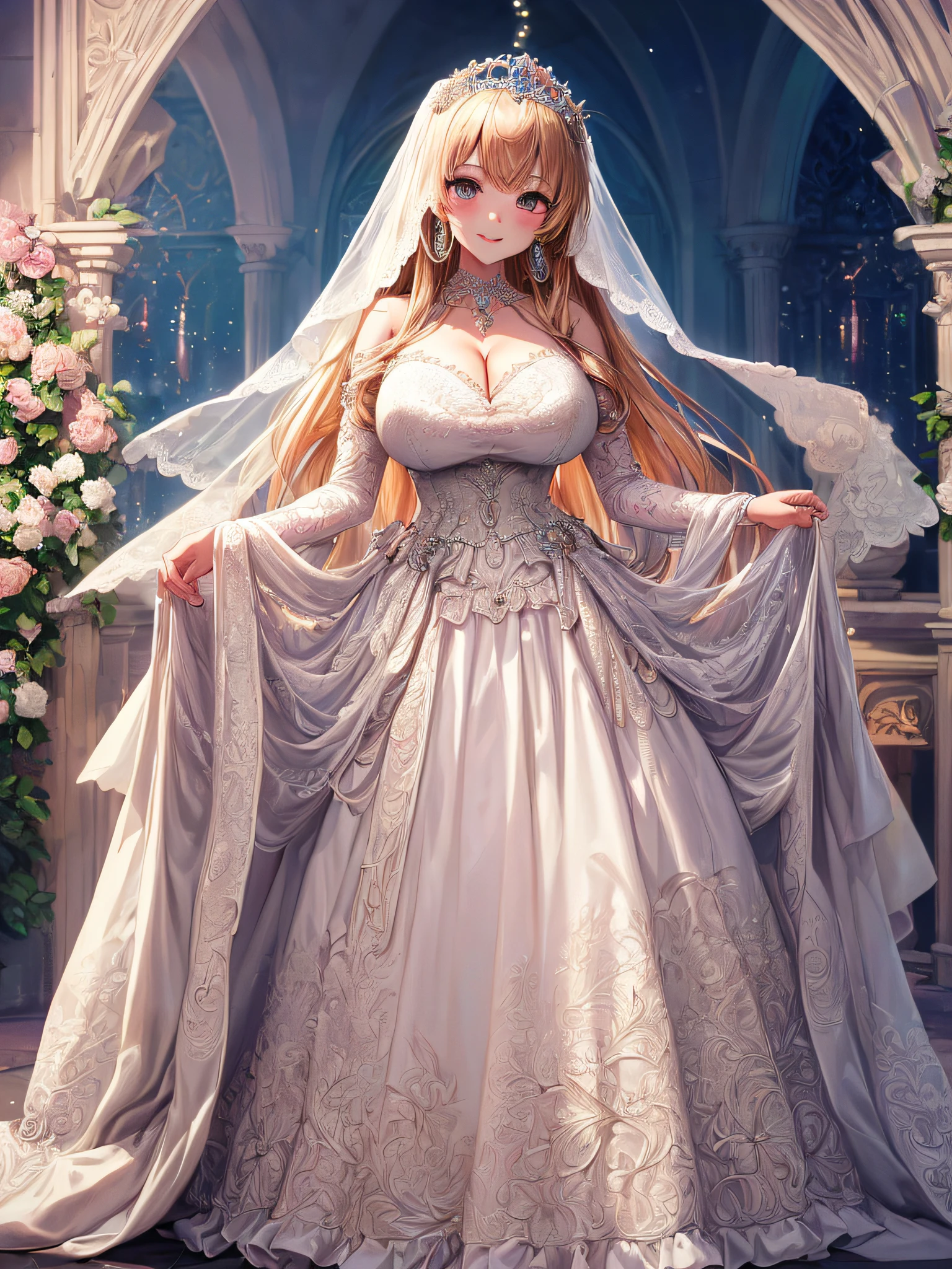 (masterpiece, best quality,extremely detailed,moe anime art style:1.2),1girl, (solo), cute, kawaii,digital art,((1 anime princess wearing beautiful embroidery and jeweled gorgeous wedding dress with voluminous full length hoop skirt)),crinoline,((voluminous frills)),gorgeous embroidery and beautiful lace,(very gigantic boobs,cleavage,skindentation),((shiny hair,absurdly voluminous straight hair,absurdly Long Hair)),(finely detailed face and eye),smile,extremely gorgeousfull jeweled tiara,((bling-bling gorgeous gemstone jewelry)),long wedding veil,((standing in beautiful garden)),flowers,flower petals flowing,((beautiful embroidery and jeweled gorgeous wedding dress with voluminous full length hoop skirt))