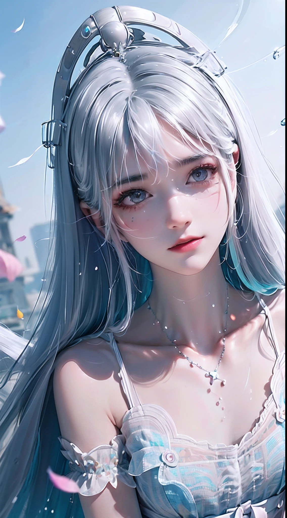 (Pink fashion T-shirt: 1.9), (Colorful hair: 1.8), (Rainbow all colors: 1.8), (((Vertical painting: 1.6))), (Painting: 1.6), Front, manga, illustration, painting, big eyes, crystal clear, (rainbow gradient high ponytail: 1.7), delicate makeup, shut up, (small freshness: 1.5), (bandeau: 1.6), long eyelashes, white off-the-shoulder T- shirt, White Shoulder Shirt, looking at the audience, Big watery eyes, (rainbow hair: 1.6), color splash, (solo:1.8), color splash, color explosion, colour splash, color explosion, thick lacquer style, messy lines, ((shining)), (colorful), (colorful), (colorful), colorful, Thick Paint Style, (Splash) (Color Splash), Vertical Painting, Upper Body, Paint Splash, Acrylic Pigment, Gradient, Paint, Highest Image Quality, Masterpiece, Solo, Depth of Field, Face Paint, colorful clothes, (elegance: 1.2), gorgeous, long hair, wind, (elegance: 1.3), (petals: 1.4), ((masterpiece))), ((best quality))), (ultra-detailed), (illustration), (dynamic angle), (floating), (paint), ((loose hair)), (solo), (1girl), ( ( ( detailed anima face))), (( Beautiful detailed face)), collar, exposed shoulders, white hair, ((colored hair)), ((striped hair)), beautiful detailed eyes, (gradient eyes), (colored eyes))), (colored background))), (high saturation))), ((surrounded by colorful splashes))),