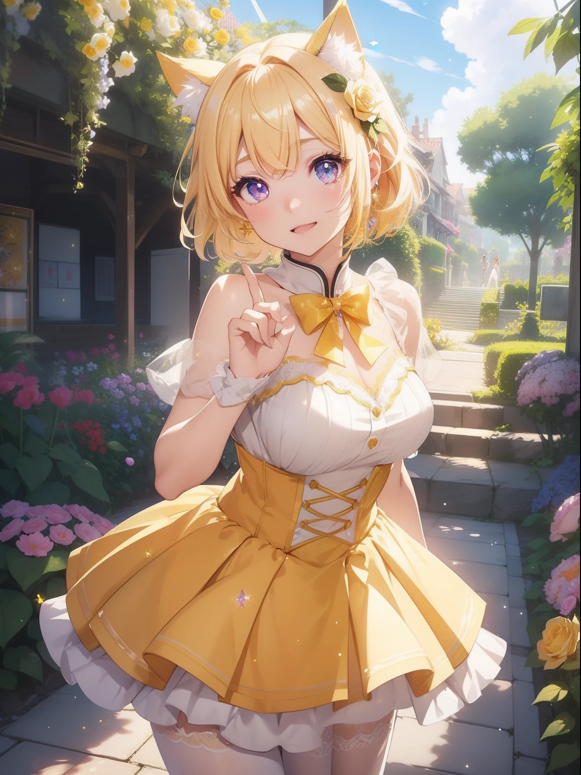 masutepiece, High resolution, 8K, anime woman, Delicate and detailed writing 、Detailed digital illustration、Short hair、perm、Shiny hair、Bangs、a very beautiful woman、Eyes are double, Large, Bust is D cup、High image quality, High quality、Detailed background、(((Wearing idol clothes)))、((Under a very sunny sky、Background of the flower garden))、The inside of the eye shines like a diamond、Light yellow hair、Gradient pupil、(((2 arms、4 fingers, 1 thumb)))、Detailed female face、Very beautiful and cute woman、、细致背景、masterpiece、Soft Focus , Bright gradient watercolor , Lens Flare , (((Glitter))) , Glow , Dreamy , Gingham check miniskirt、Idol、Yellow Ribbon、Very beautiful yellow rose hair accessories、Yellow and gold costume with white as the main color、((Straight at the angle of the front))、Glitter Cat Ear Headband、Opens mouth and laughs、Pose with hands folded behind your back