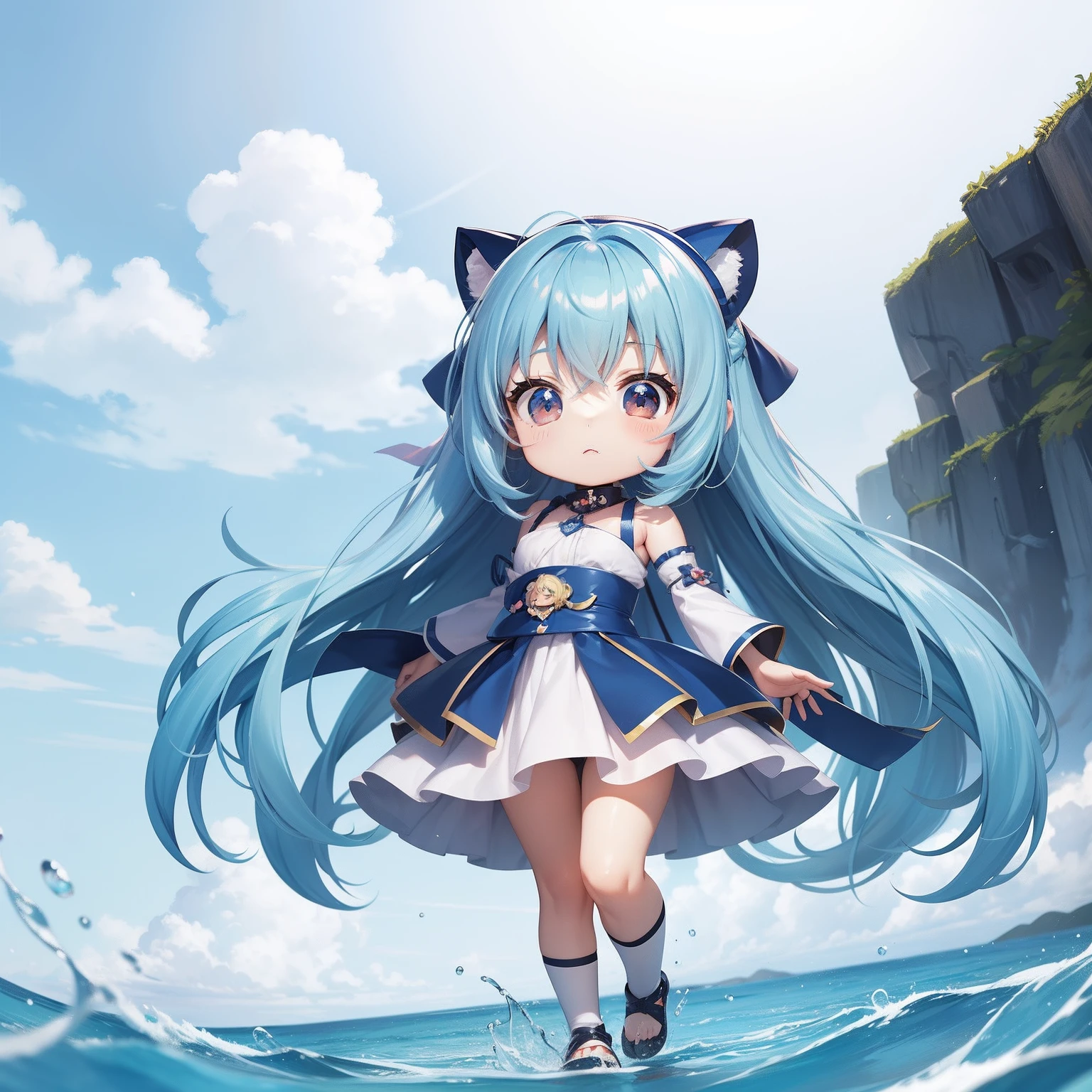 Chibichara long hair with blue hair((Chibi Chara))、Fluffy、girl with、Chibi Chara、full body Esbian、Pastel colors hair、masutepiece、top-quality、