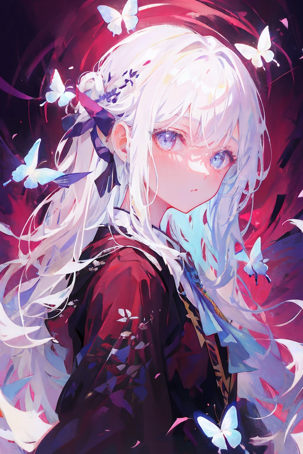 Harbour wind girl with long white hair and butterfly wings on hair,white-haired god, a beautiful anime portrait, Detailed digital anime art, Beautiful anime artwork, Girl with white hair, Best anime 4k konachan wallpaper, Line wallpaper