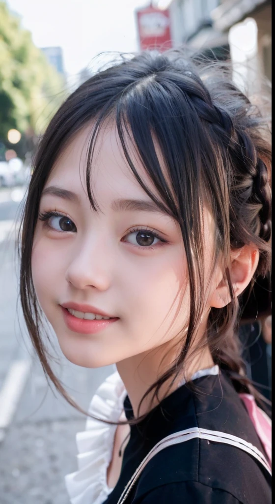 (ultra-detailliert), Frontal Face,head shot, Front view,Cute princess dresses in black color,(frilly dress),(shortsleeves),Blue eyes,The upper part of the body、full body Esbian、faces、(A smile:1.5),(facing front:1.2), 20yr old, s girl,no tail,(no tail),2D, masterpiece, top-quality, animesque, A detailed eye, A detailed face, girl with, Only 1 person,Silver-haired medium hair, (a blond), Ear Hair, small tits, Single braid, (Single braid), (Side braid), Pink ribbon, Ribbon around the neck, (White sleeves), Standing in the middle of the road