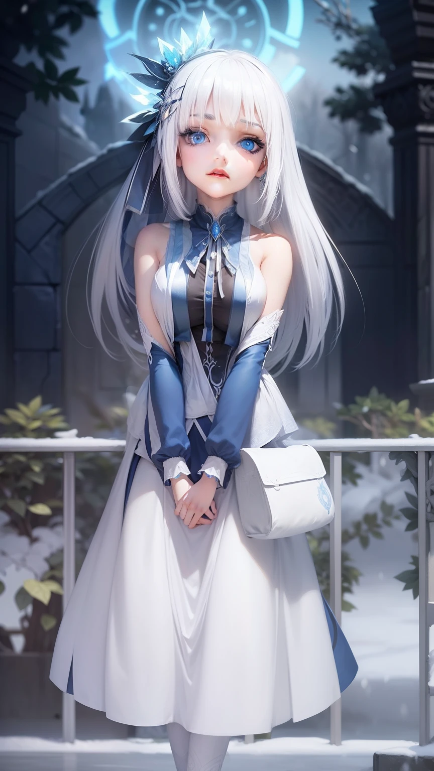"Beautiful enchantress with mesmerizing blue eyes and striking snow-white hair. Impeccably detailed features, from her captivating eyes to her flowing locks. Stunning realism and intricate attention to detail. Background customization and resolution up to 8k."