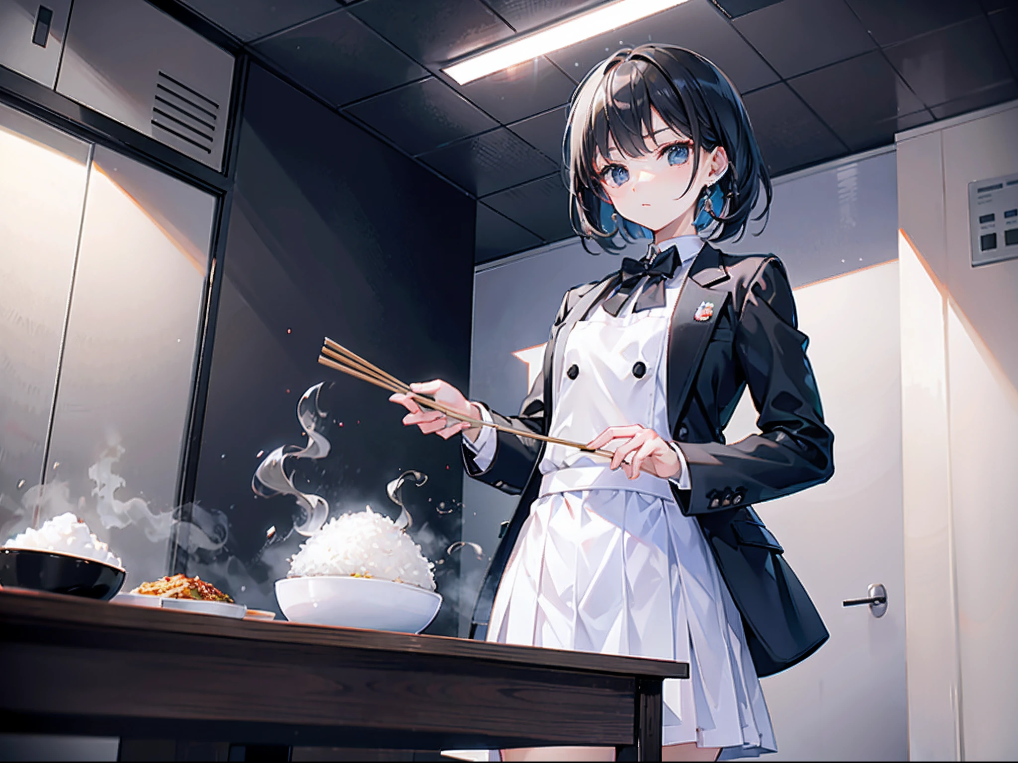 Cafeteria，Kizi，white  skirt，black black jacket，Chopsticks in his right hand，cooked rice