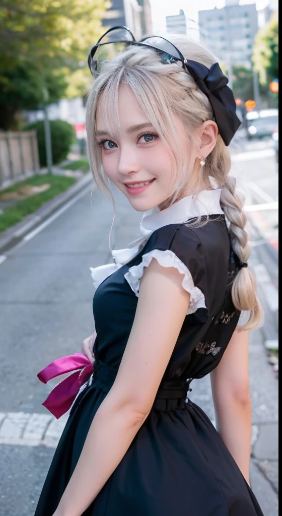 (ultra-detailliert), Frontal Face,head shot, Front view,Cute princess dresses in black color,(frilly dress),(shortsleeves),Blue eyes,The upper part of the body、full body Esbian、faces、(A smile:1.5),(facing front:1.2), 20yr old, s girl,no tail,(no tail),2D, masterpiece, top-quality, animesque, A detailed eye, A detailed face, girl with, Only 1 person,Silver-haired medium hair, (a blond), Ear Hair, small tits, Single braid, (Single braid), (Side braid), Pink ribbon, Ribbon around the neck, (White sleeves), Standing in the middle of the road