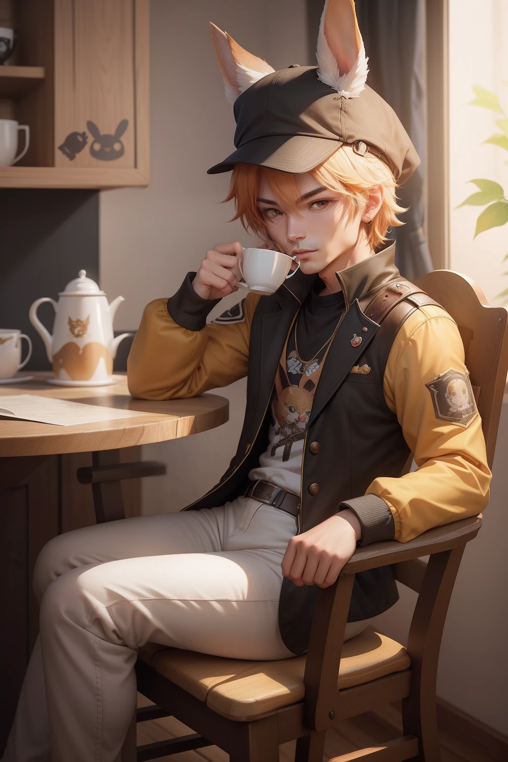 A cartoon character sits in a chair drinking tea, Rogue bunny logo，tchibi, character art of maple story, maple story indiana jones, MapleStory, Danbru，telegraph stickers, Inspired by Cao Zhibai,
