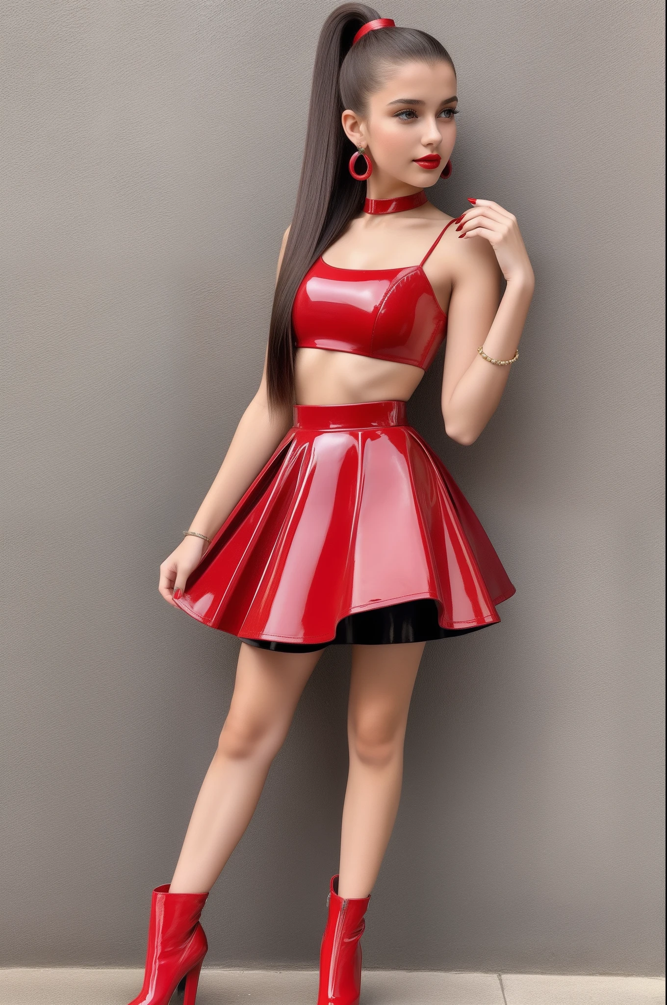 Beautiful full body 14 year old girl, wearing small lavender latex skirt, puffed red top dress, brunette hair long ponytail, red long nails, wears red earrings,  red lips, red high heels, a little horny