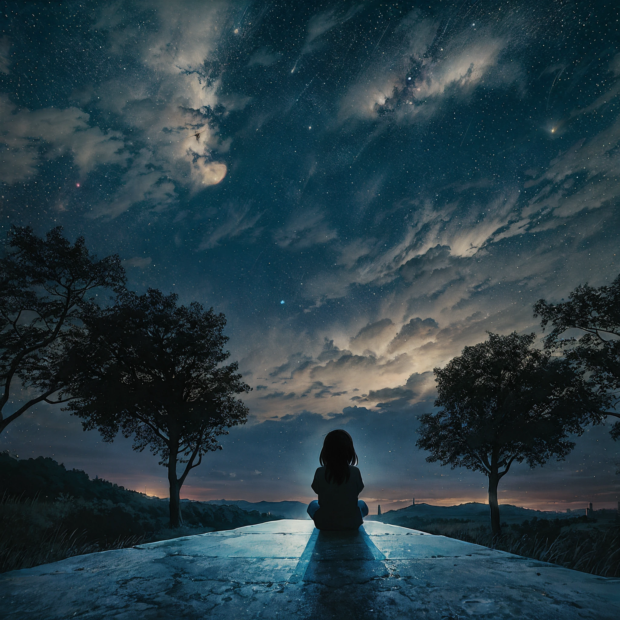octane, sky, star (sky), landscape, starry sky, night, , night sky, solo, outdoor, signature, building, clouds, milky way, sitting, tree, long hair, city, silhouette, cityscape