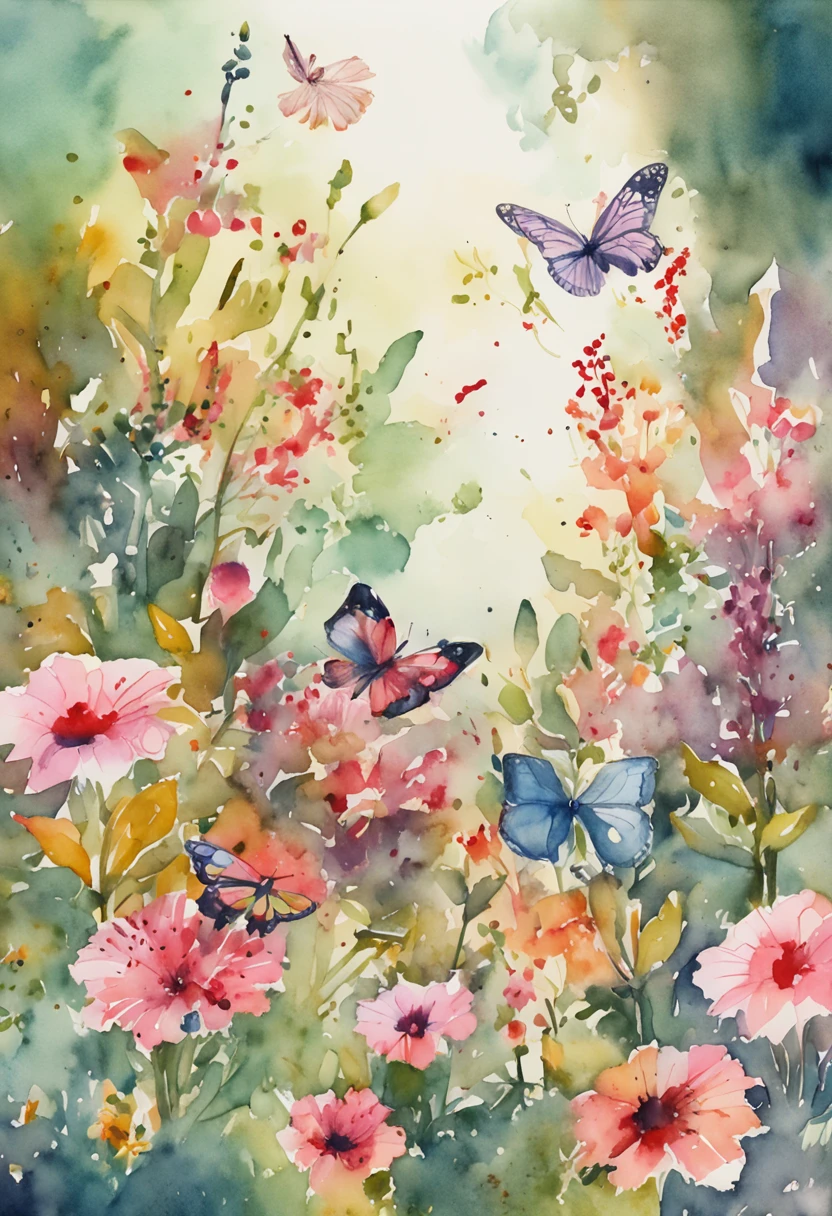 Watercolor painting of flower-filled garden，There are birds and butterflies. The main color is pink, rot, yellow and greens