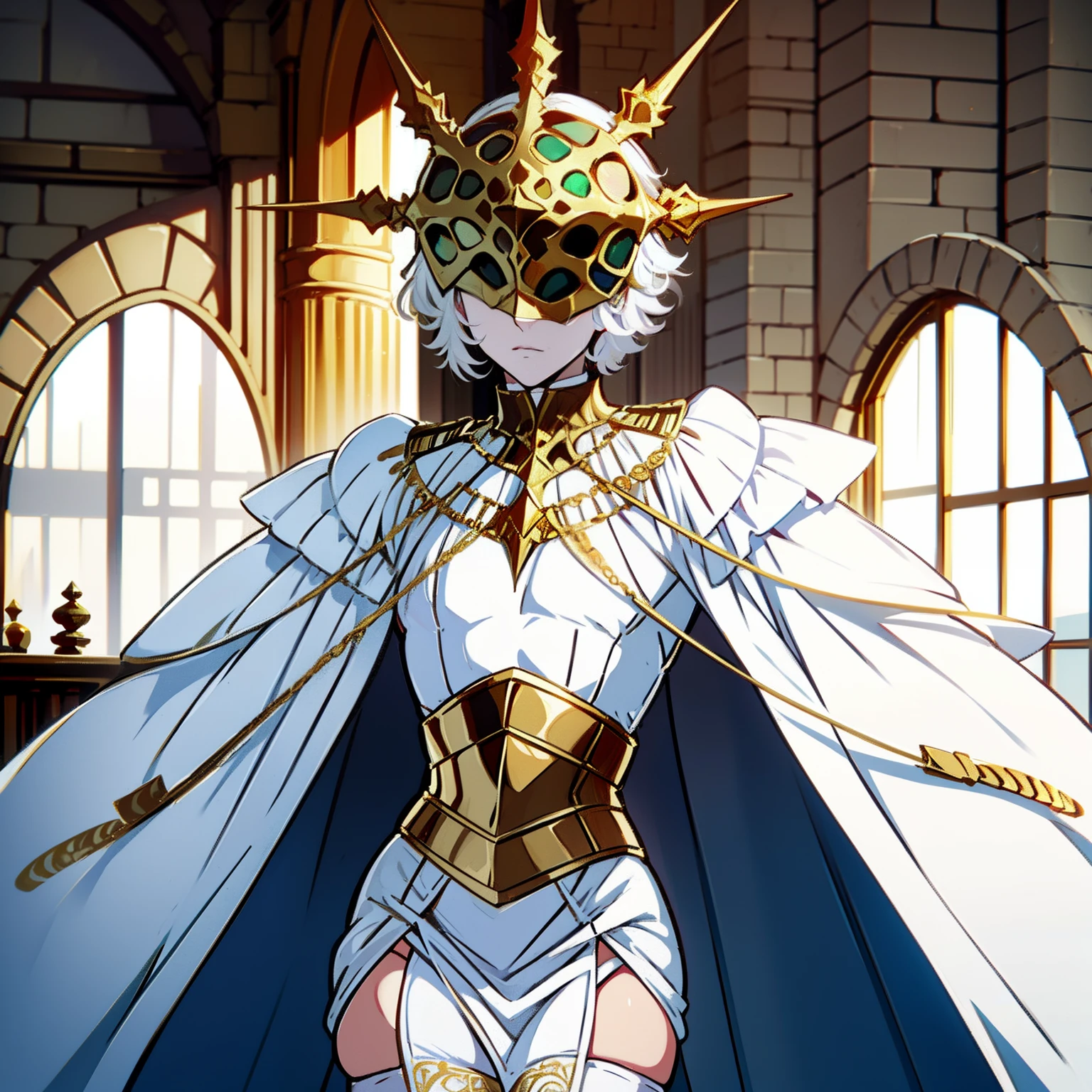 Gywndolin, white hair, androgynous, 1boy, male, femboy, flat-chested, GwyRob, white thighhighs, gold mask, covered eyes, gold jewelry, white elbow gloves, white dress, green snakes, perfect anatomy, solo