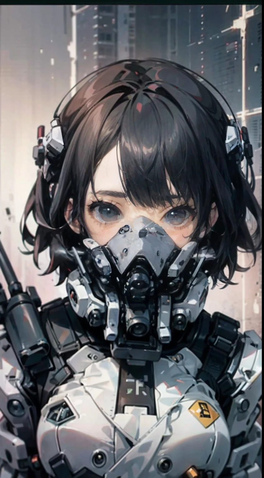 This is a CG Unity 8k wallpaper with ultra-detailed, high-resolution and top quality in cyberpunk style, dominated by black and red. In the picture, a beautiful girl with white messy short hair, a delicate face, wearing a steam mecha mask, standing on the ruins, behind her is a huge robot, and the action of a woman holding a heavy sniper rifle in her hand,