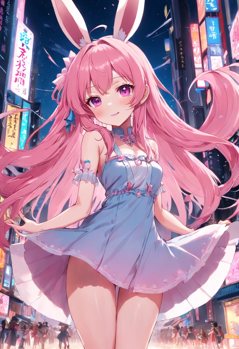 Beautiful face ， A little dance in the anime of Douluo Continent ， Long pink hair ， Pink cutout long dress ， Tall figure ， Big bright eyes ， Crystal heels ， A pair of rabbit ears ， ssmile ， adolable