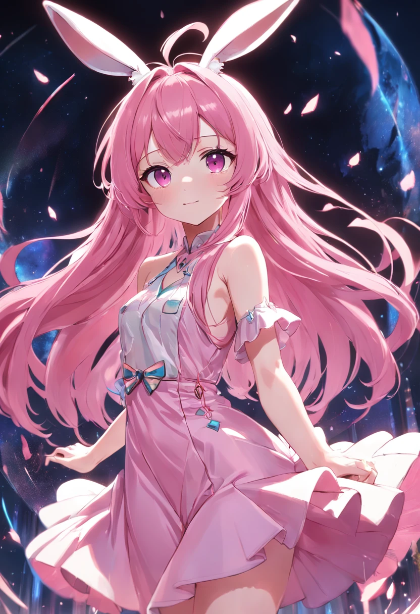 Beautiful face , A little dance in the anime of Douluo Continent , Long pink hair , Pink cutout long dress , Tall figure , Big bright eyes , Crystal heels , A pair of rabbit ears , ssmile , adolable