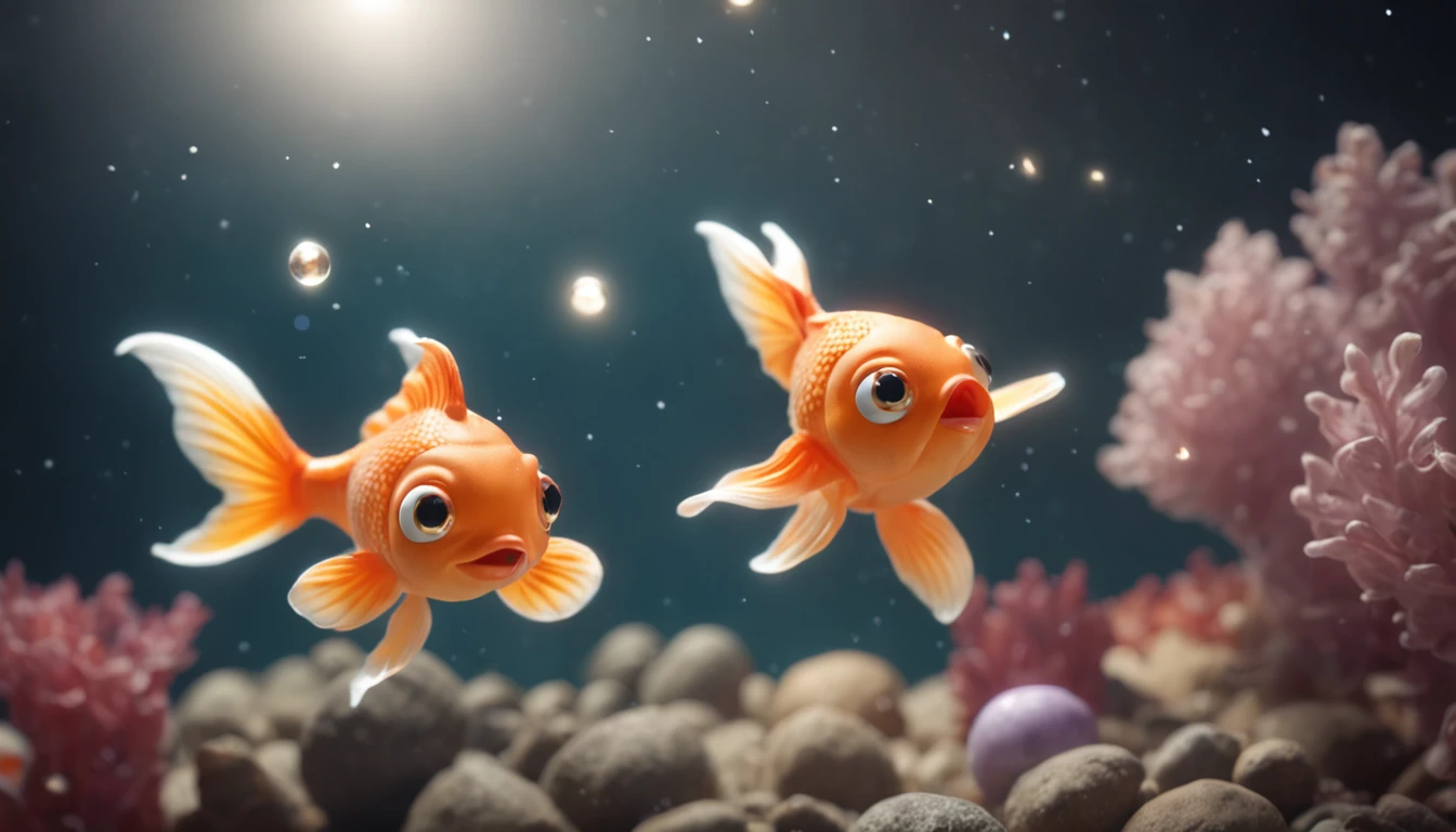 Masterpiece, High quality, Goldfish forever in the clouds, Goldfish float around a lot of cute stars, Anthropomorphic goldfish, Disney style, Cinematic lighting effects, Cinematic picture quality, Super detail, Rich colors