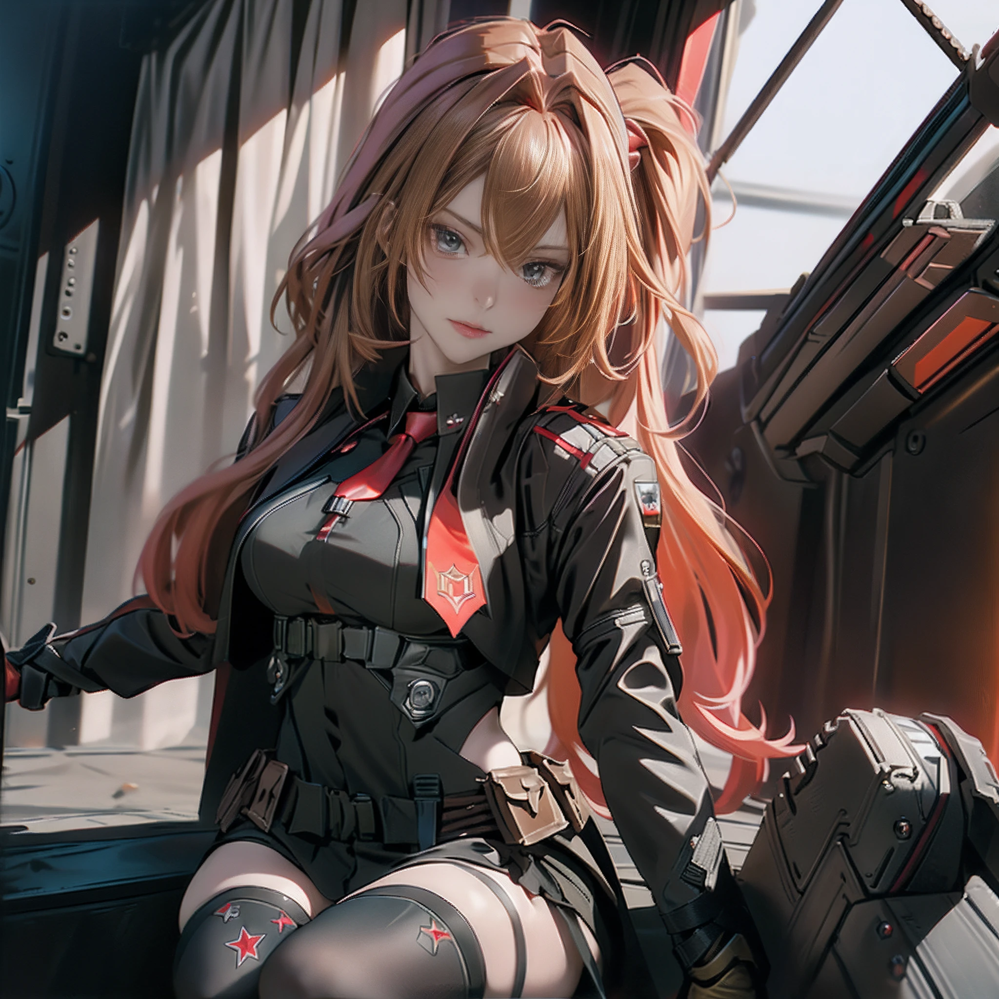 ((Best quality)), ((masterpiece)), (detailed:1.4), 3D, an image of a beautiful cyberpunk female, long almond golden hair, light brown eyes, Small red Barret, Black Soldier Shirt, Black under cloth, black panty, Grenade belt, Big chest, Big thigh, High thigh black knee sock, full view of girl, sit on the table, battlefield, black combat boot, red necktie, black glove, black combat suit, black jacket, black cloak, black panty, ammo belt, handgun, HDR (High Dynamic Range),Ray Tracing,NVIDIA RTX,Super-Resolution,Unreal 5,Subsurface scattering,PBR Texturing,Post-processing,Anisotropic Filtering,Depth-of-field,Maximum clarity and sharpness,Multi-layered textures,Albedo and Specular maps,Surface shading,Accurate simulation of light-material interaction,Perfect proportions,Octane Render,Two-tone lighting,Wide aperture,Low ISO,White balance,Rule of thirds,8K RAW,