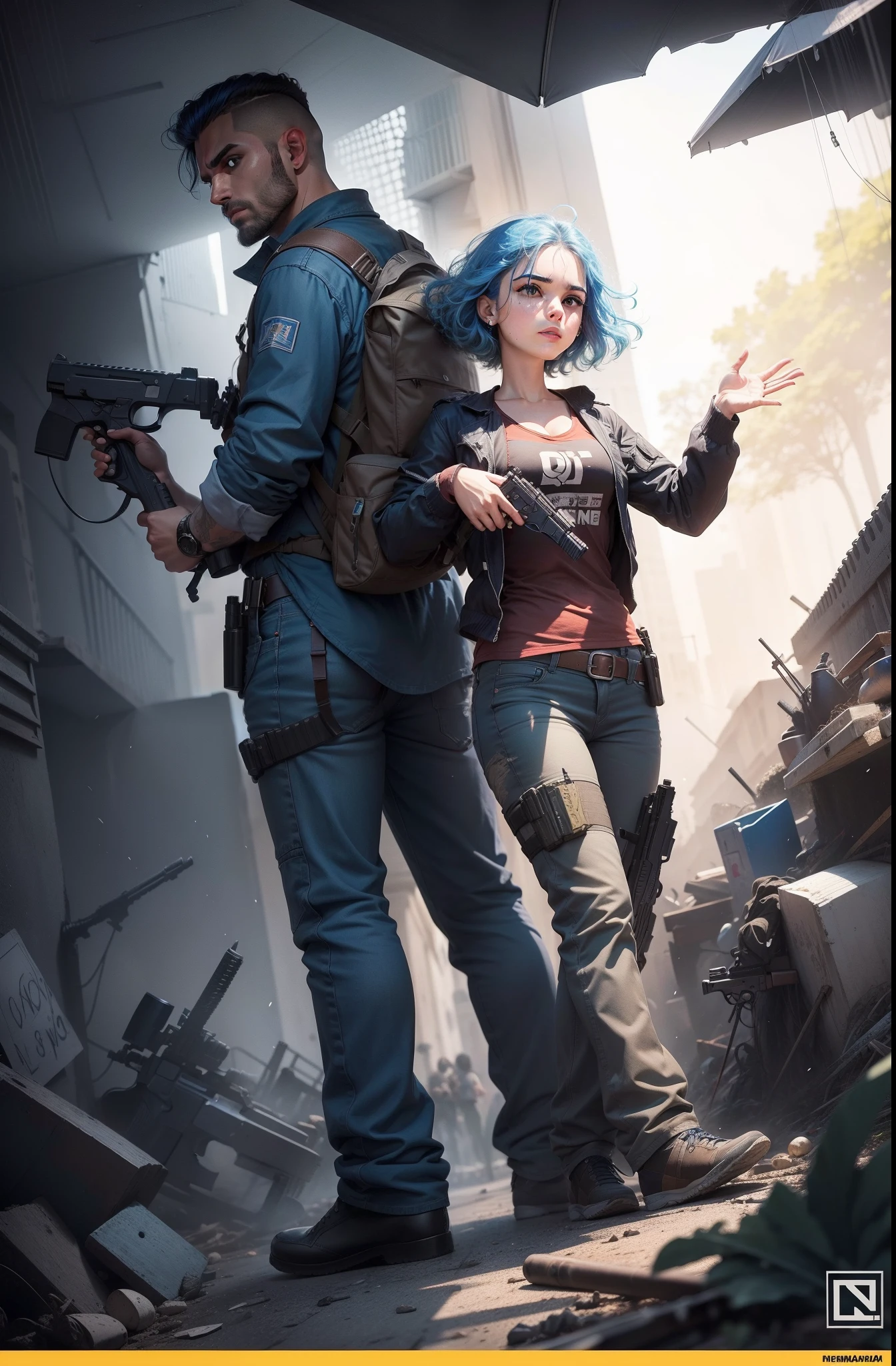 Um homem e uma menina de cabelo azul segurando uma pistola/arma