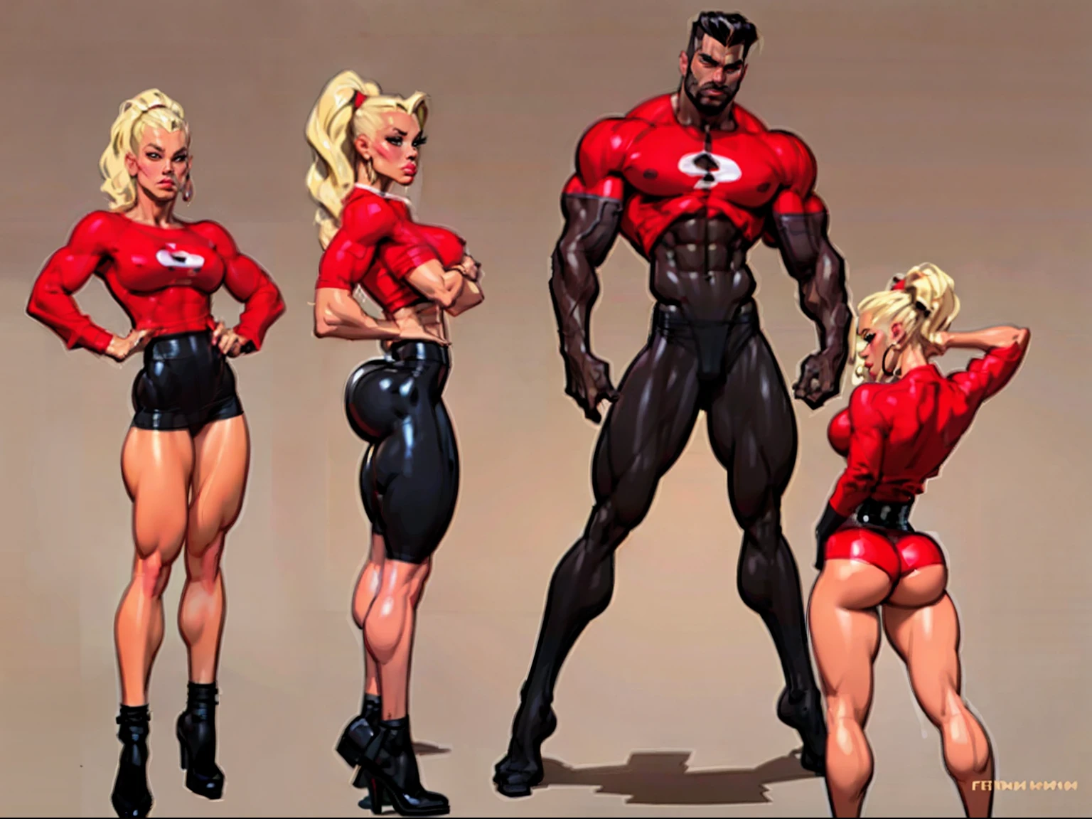 ((masterpiece)),(((best quality))),((character design sheet)), illustration,1man, boy, 1 girl, 1 woman, environment Scene change, ((man is (pompadour:0.9)(black skin:1.1)), muscular, (red shirt:1.2), white underwear, masculine, rugged, manly, sharp edges, heroic, pink legs, thick legs,)) (woman is blonde with ponytail,((puffy lips))) scribbles and marks, rough sketches, pose too, color palette, 8k,16k, (simple background, light background: 1.3)