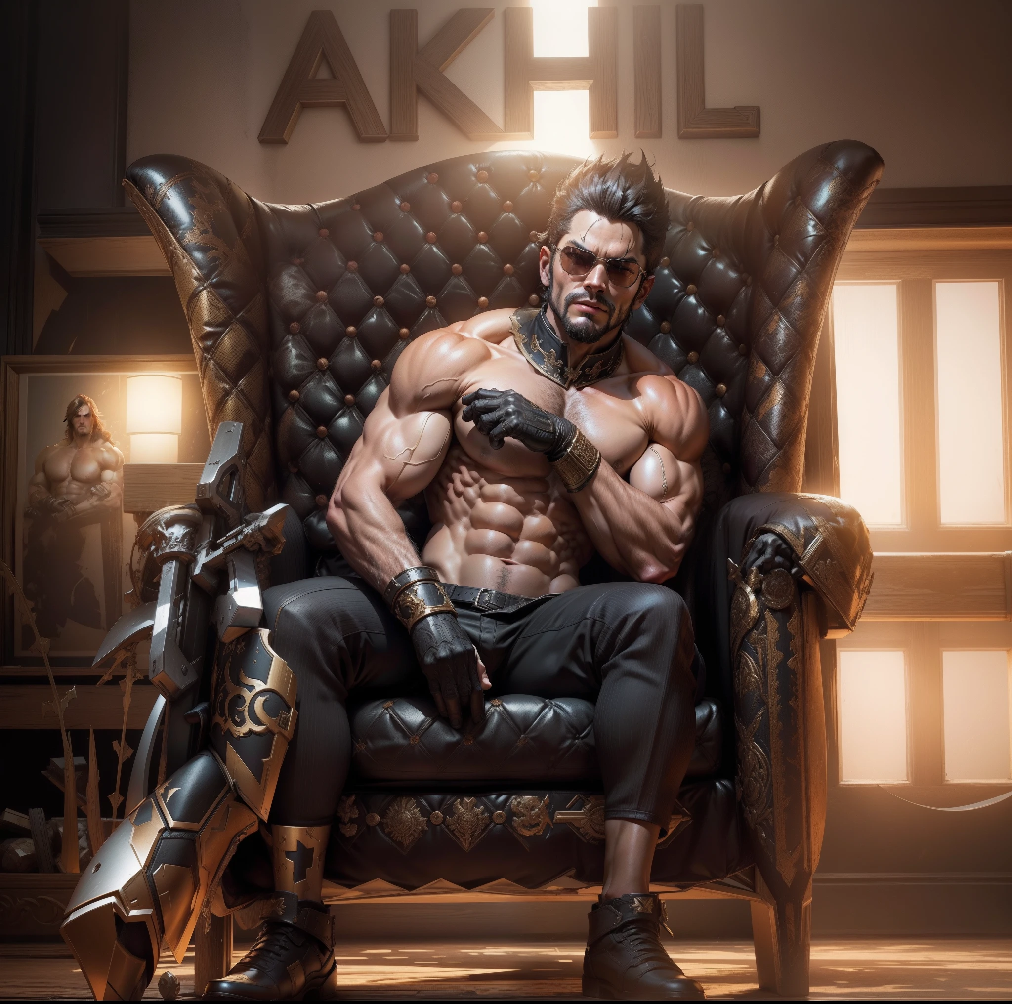 A free fire gaming character sitting on throne, (freefire game character) full hell background, hd ultra with 8 pack body muscles attitude pose  free fire male character with a sword