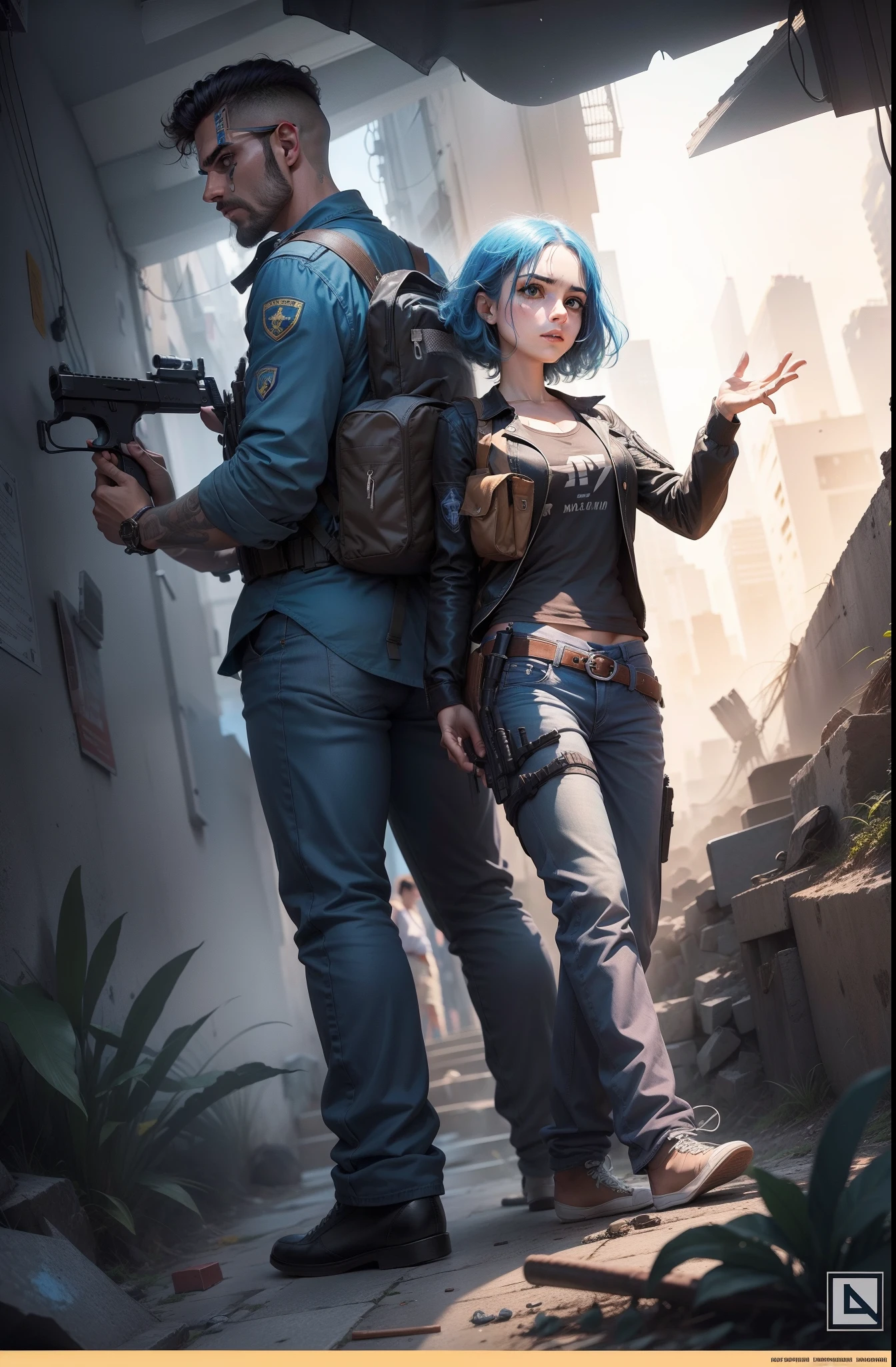 Um homem e uma de cabelo azul segurando uma pistola/arma