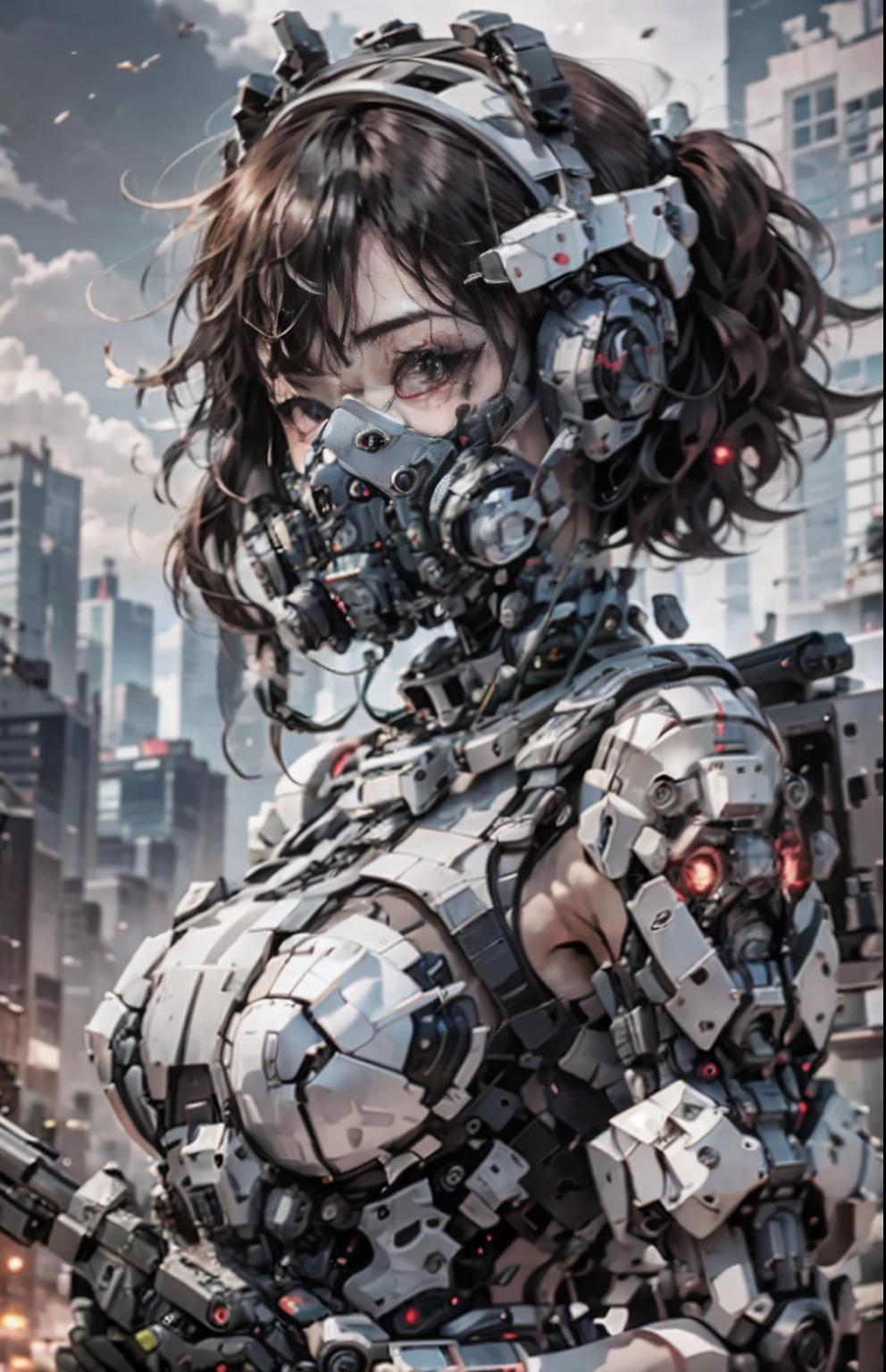 This is a CG Unity 8k wallpaper with ultra-detailed, high-resolution and top quality in cyberpunk style, dominated by black and red. In the picture, a beautiful girl with white messy short hair, a delicate face, wearing a steam mecha mask, standing on the ruins, behind her is a huge robot, and the action of a woman holding a heavy sniper rifle in her hand,