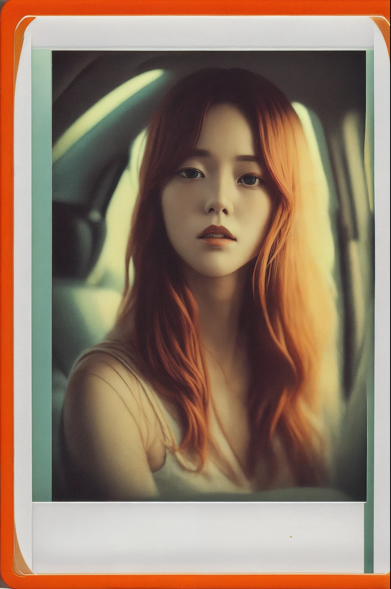 natural redhead woman, Mystical, Analog Horror, Inkjet Printed, Polaroid, Octane rendering, Soft focus, badge, orange colors, Hallyu, golden hour lighting, Hyperrealistic intricate detail, finely detailed, car interior design, Octane render, 8k