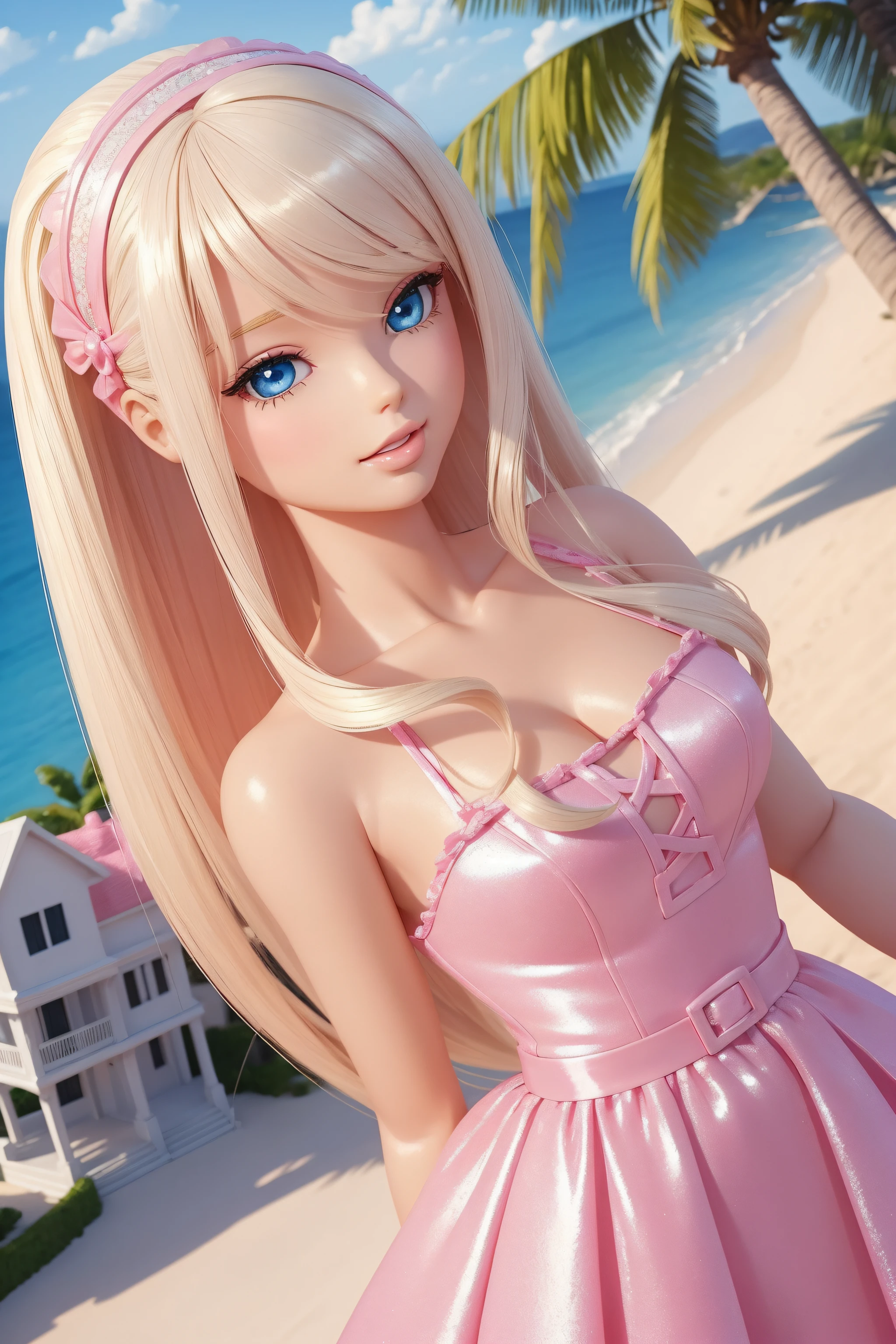 (((Masterpiece))), best quality, beautiful Barbie, super detailed, sweet and fun-loving, pink Barbie dress, shiny skin, long platinum blonde hair, blue eyes, pink beach house detailed background