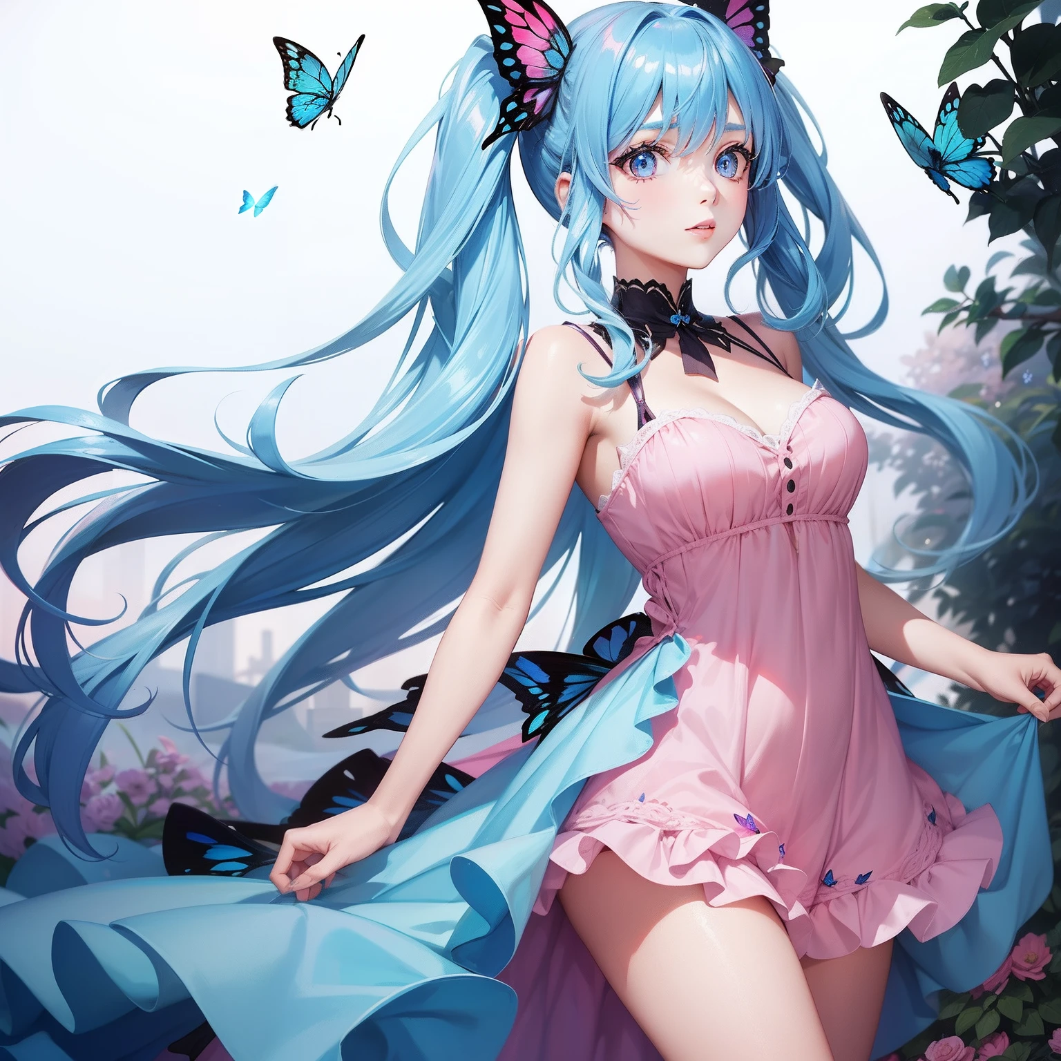 a women, blue butterfly, blue hair, pink eyes, pink dress